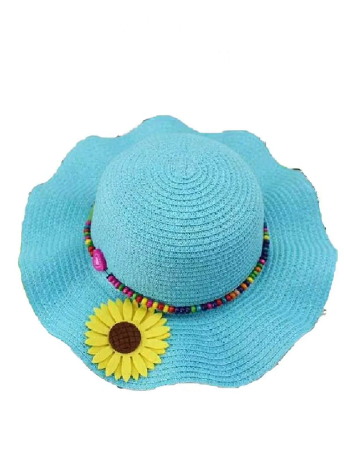 Sunny Bloom Blue Straw Sun Hat with Floral & Beaded Trim - Image 2
