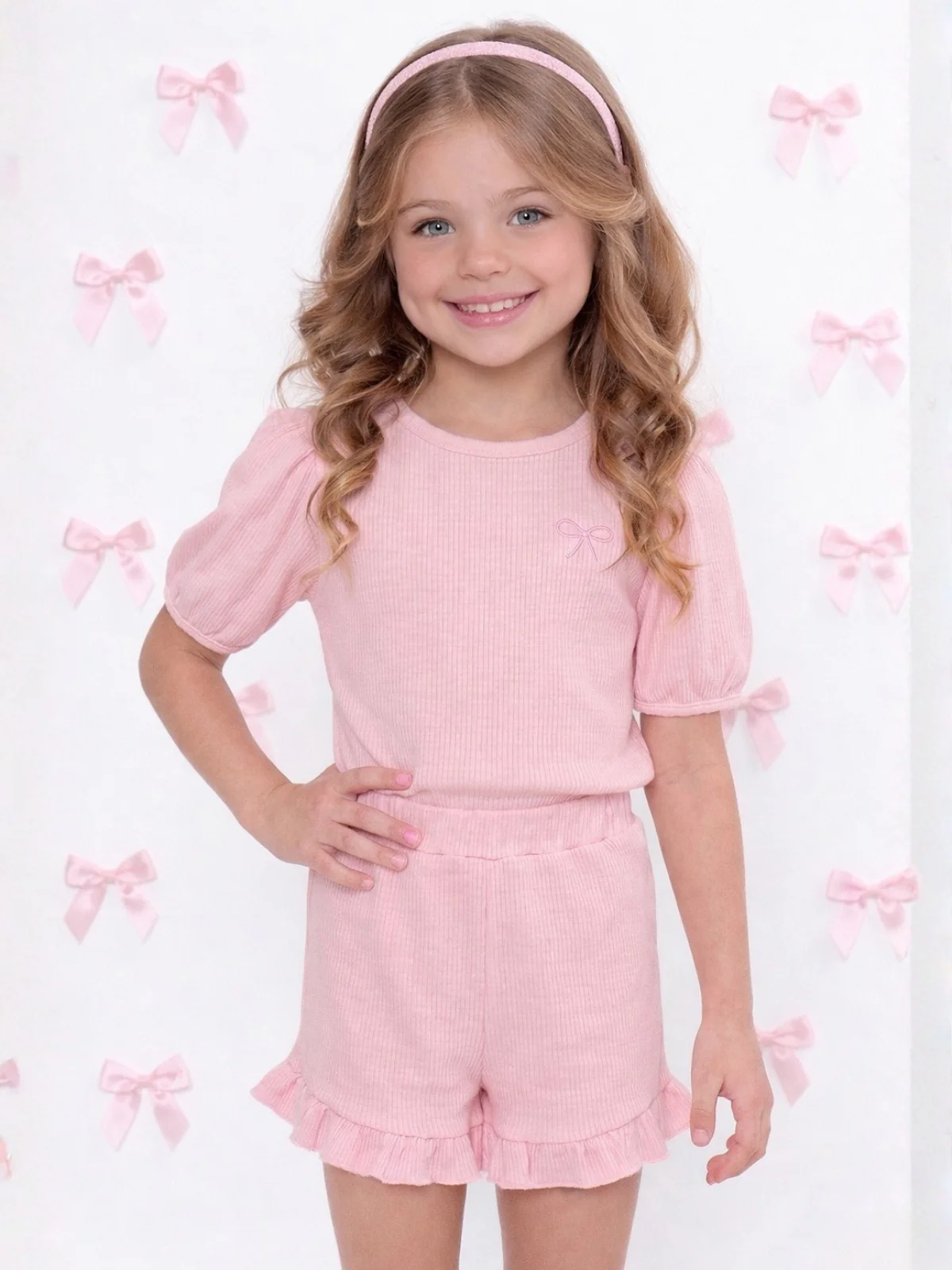 Effortless Coquette Waffle Knit Graphic Bow Top & Ruffle Short Set - Image 2