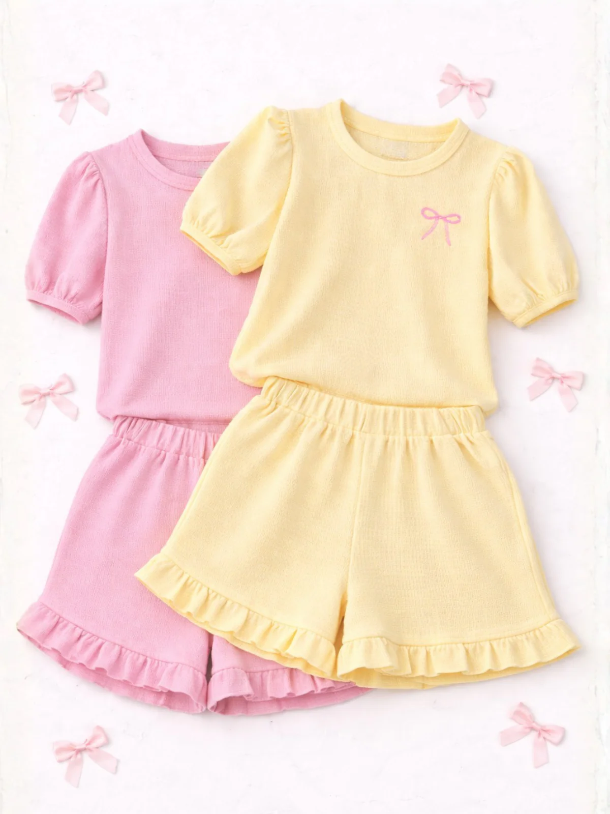 Effortless Coquette Waffle Knit Graphic Bow Top & Ruffle Short Set - Image 3