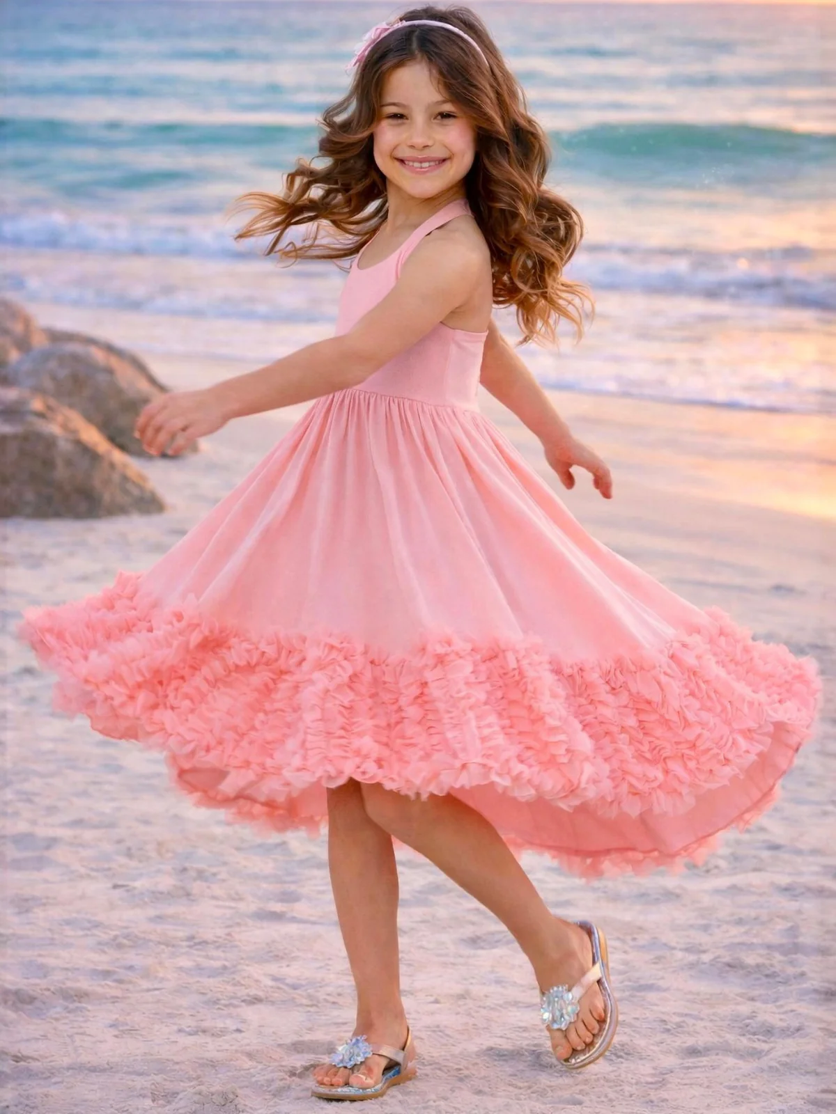 Sunset Bloom Coral Cotton High-Lo Maxi Dress - Image 2