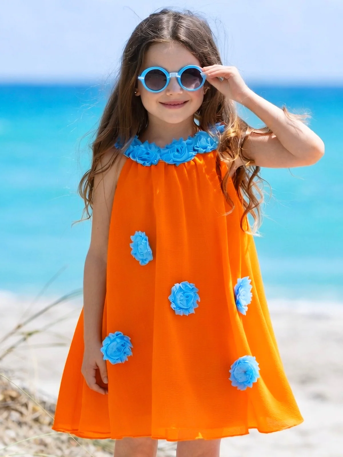 Sunset Pop Orange Floral Halter Dress - Image 3