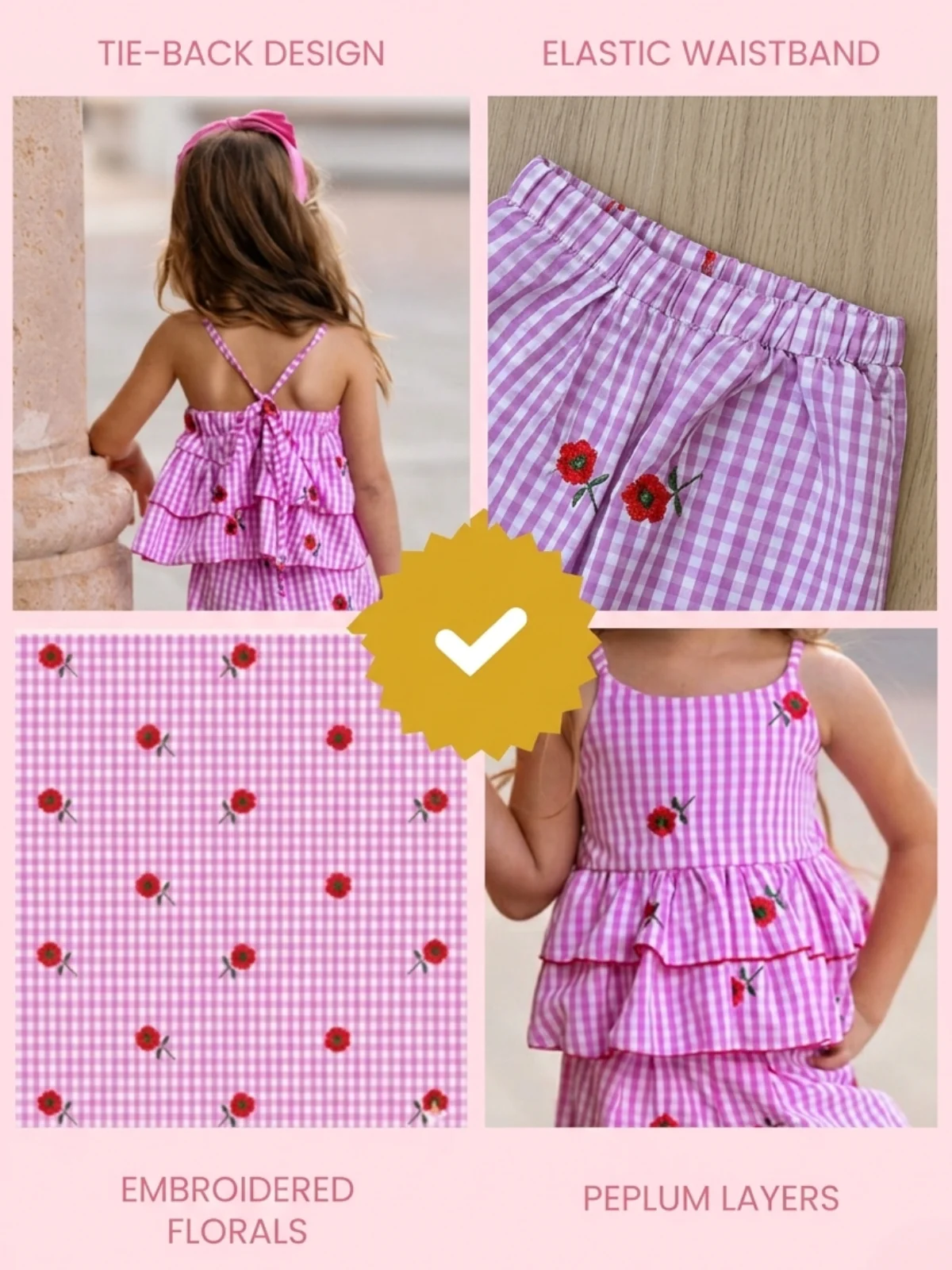 Sweet Bloom Gingham Embroidered Peplum Top and Pants Set - Image 2