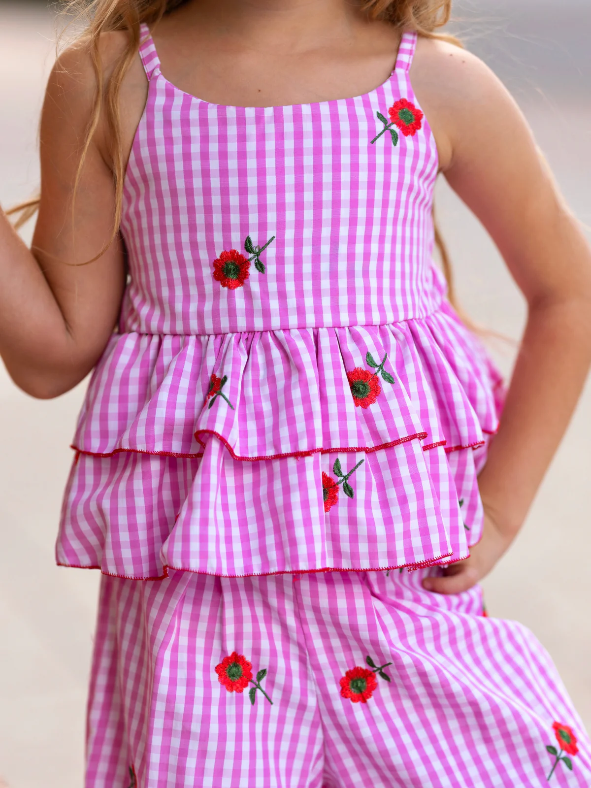 Sweet Bloom Gingham Embroidered Peplum Top and Pants Set - Image 3