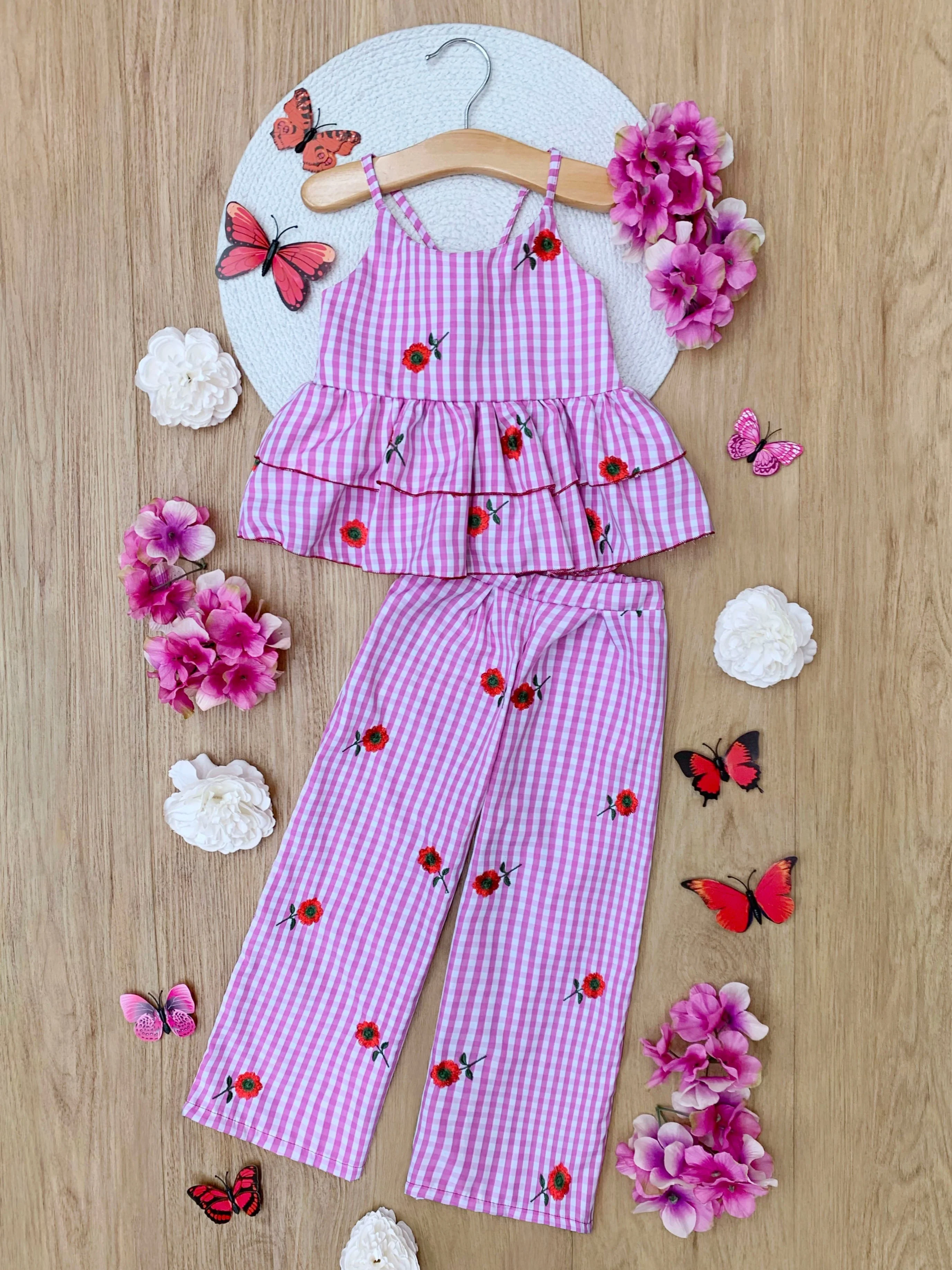 Sweet Bloom Gingham Embroidered Peplum Top and Pants Set - Image 4