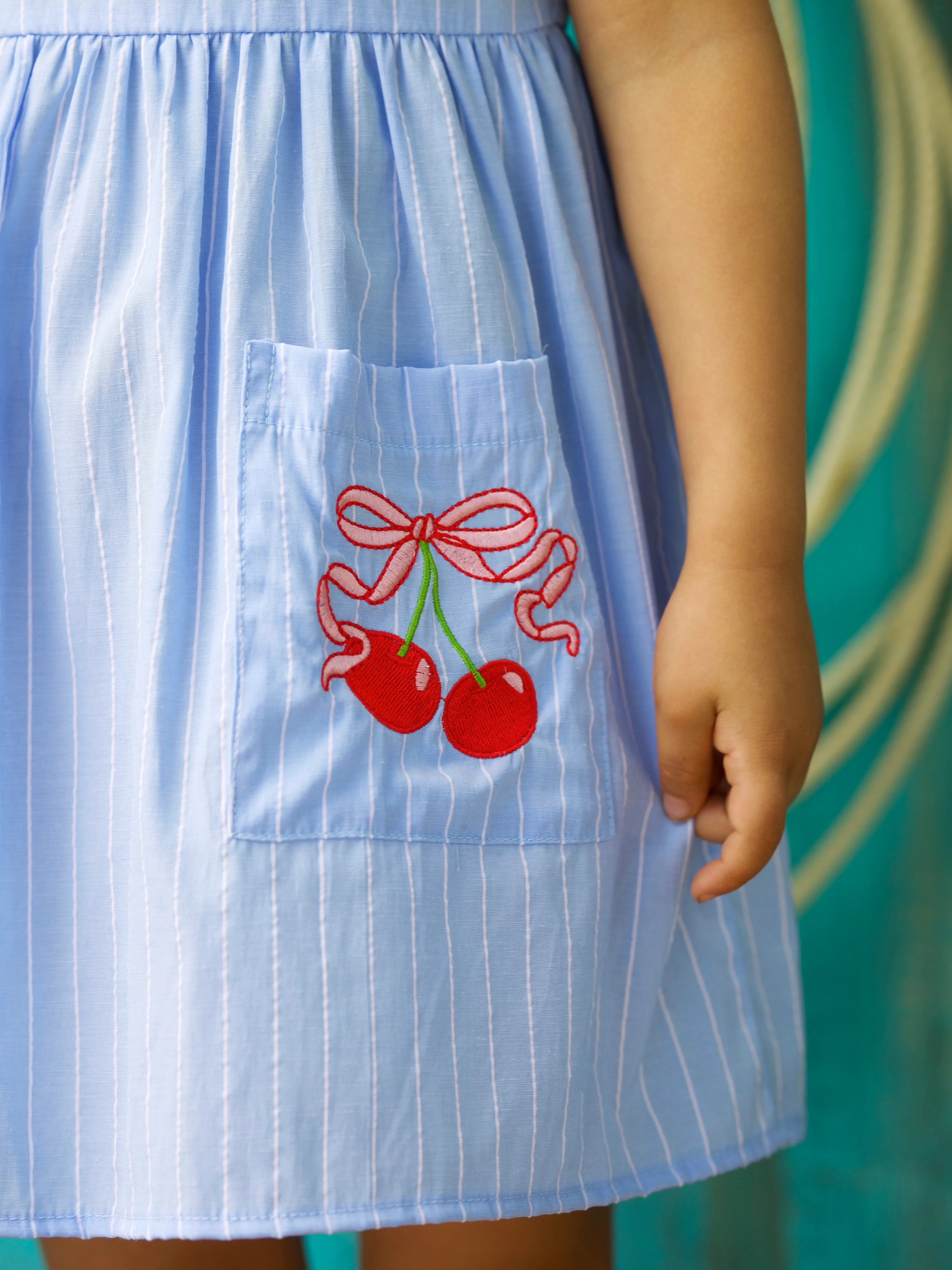 Sweet Cherry Embroidered Pinstripe Tank Dress - Image 3
