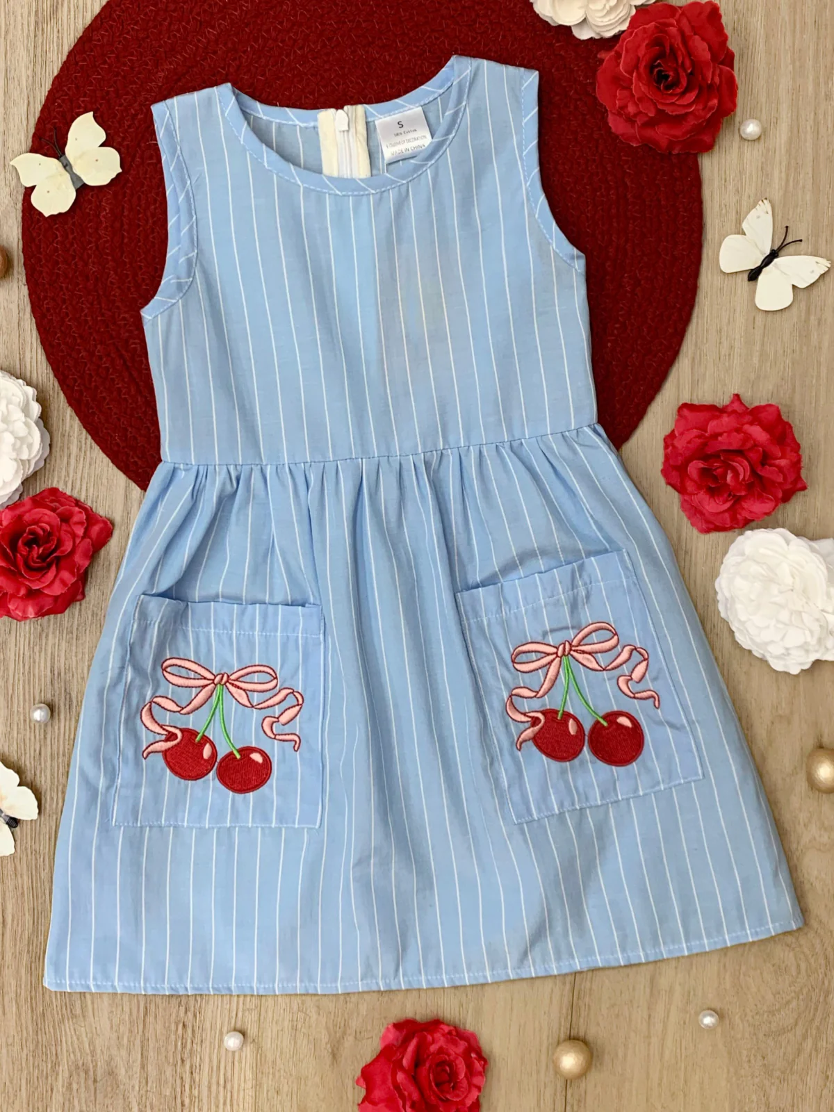 Sweet Cherry Embroidered Pinstripe Tank Dress - Image 4