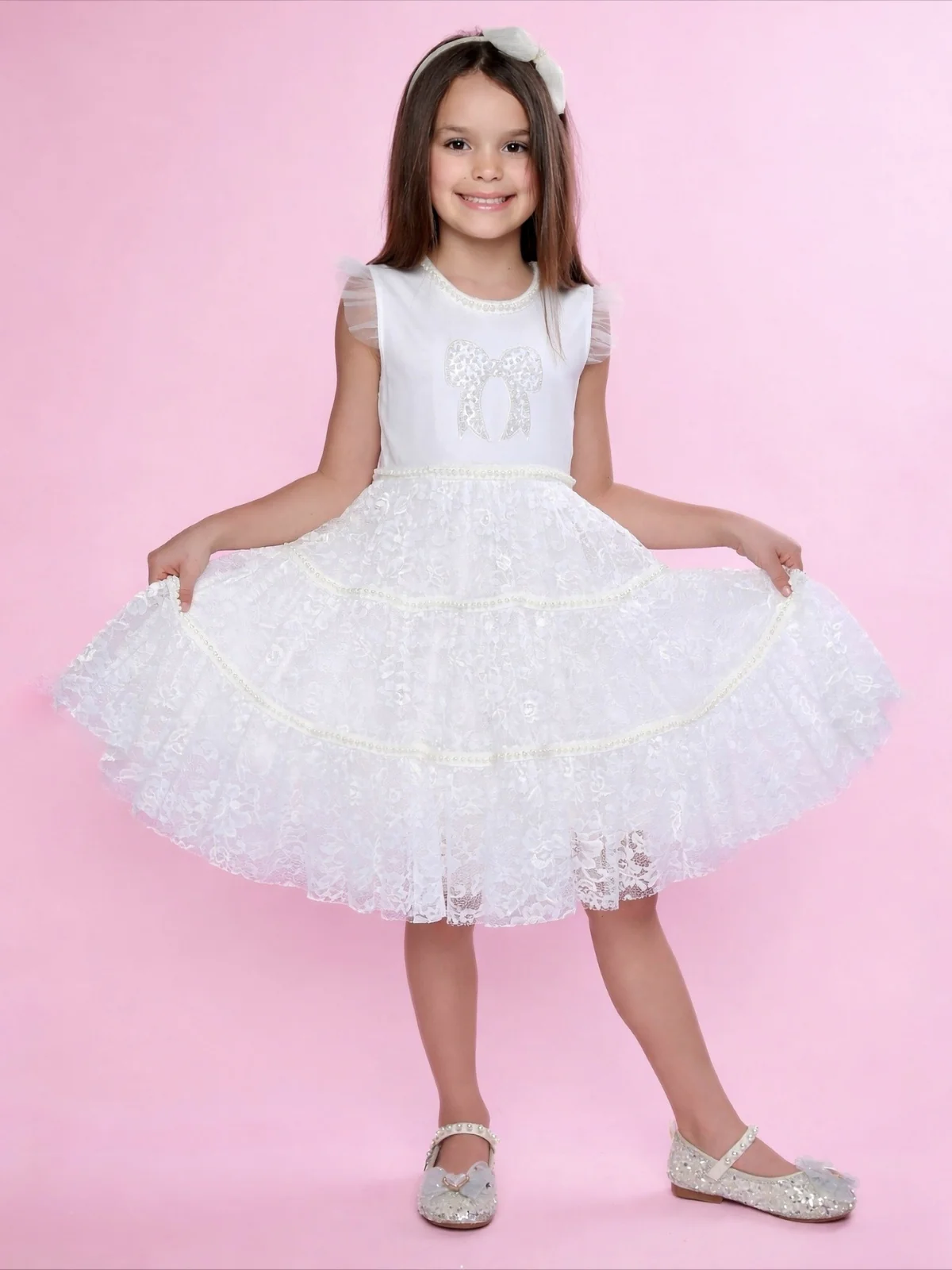 Sweet Lace Pearl & Bow Tiered Dress - Image 3