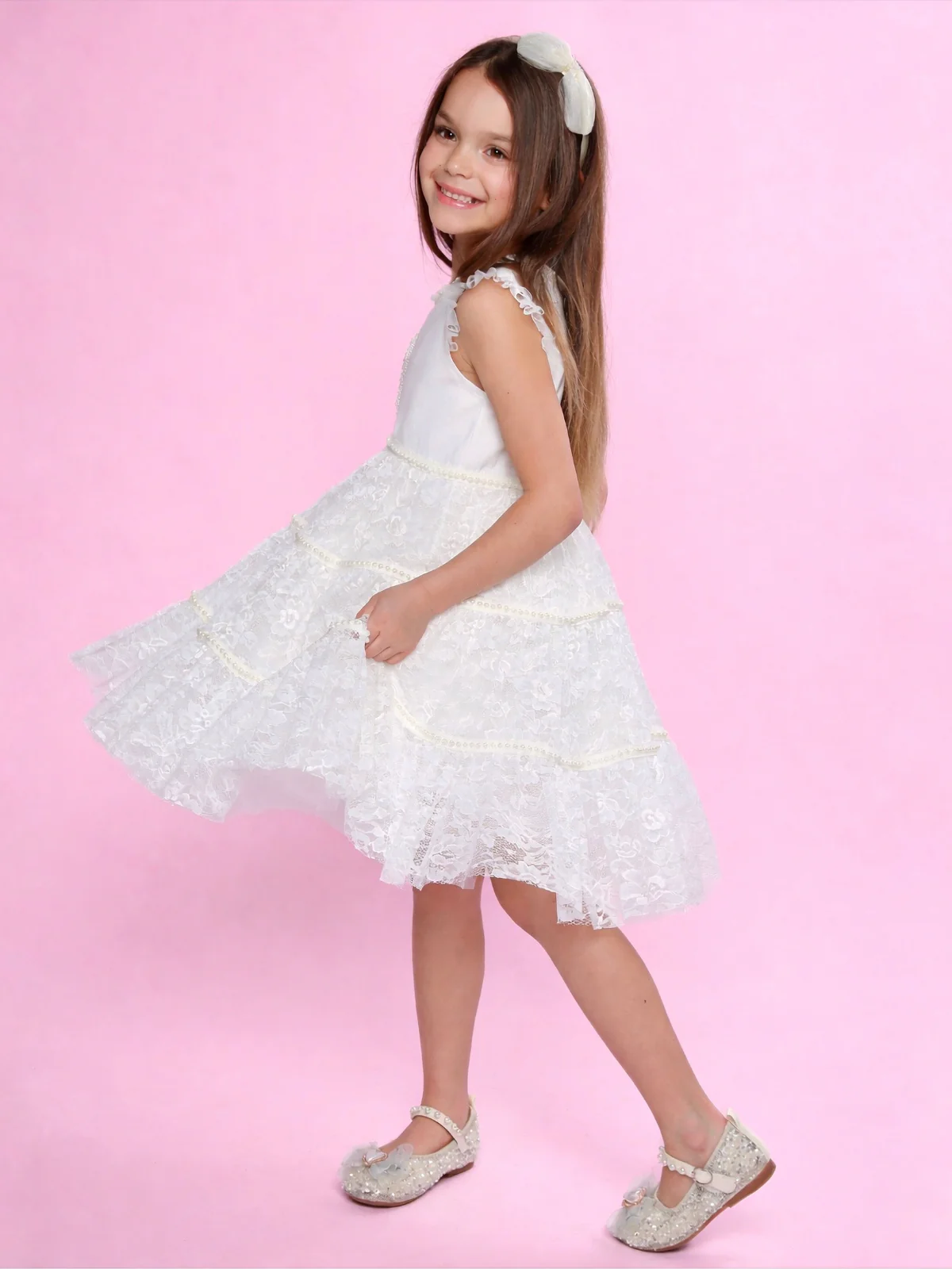 Sweet Lace Pearl & Bow Tiered Dress - Image 4