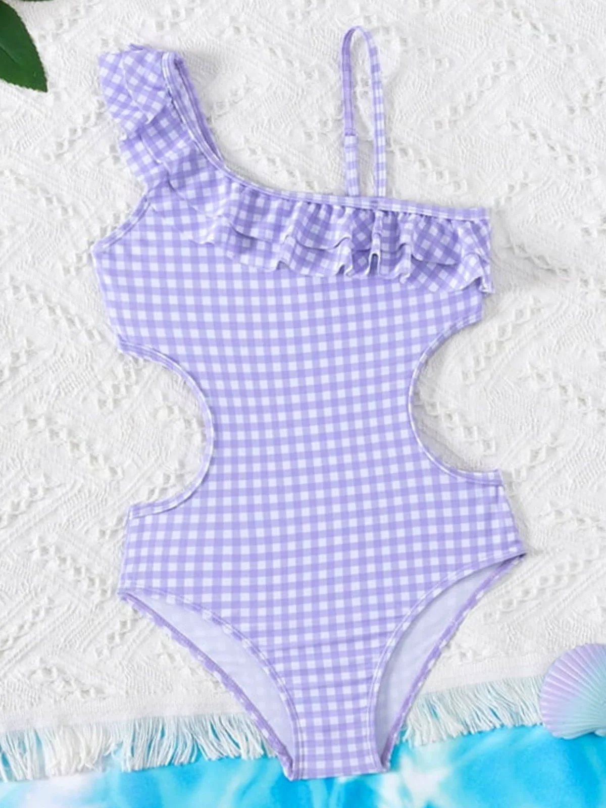 Sweet Lavender Gingham One Shoulder Ruffle Swimsuit - Image 2