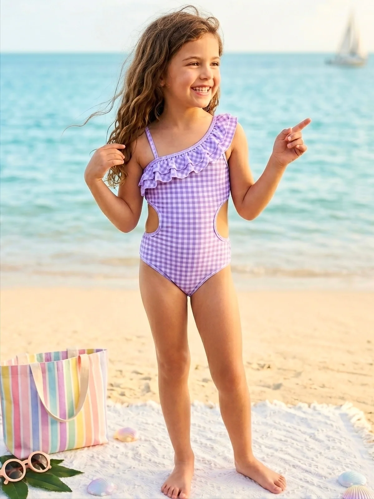 Sweet Lavender Gingham One Shoulder Ruffle Swimsuit - Image 3
