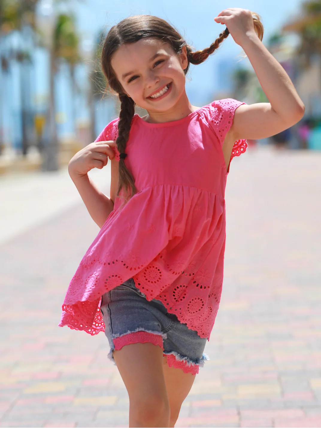 Sweet Pink Eyelet Top and Denim Short Set - Image 2