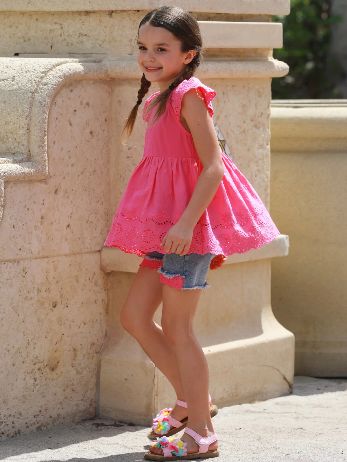 Sweet Pink Eyelet Top and Denim Short Set - Image 3