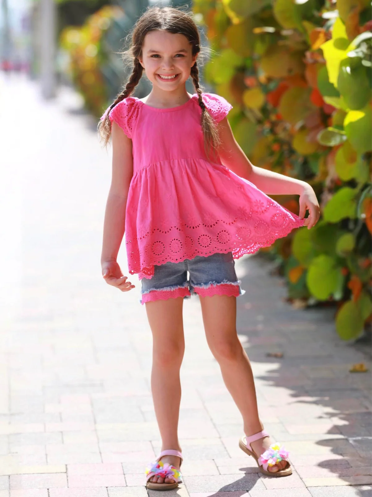 Sweet Pink Eyelet Top and Denim Short Set - Image 4