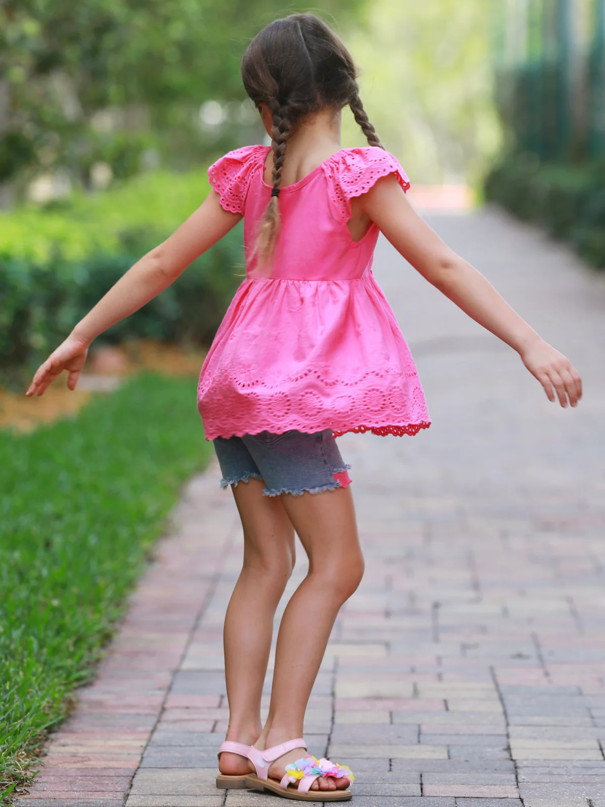 Sweet Pink Eyelet Top and Denim Short Set - Image 5