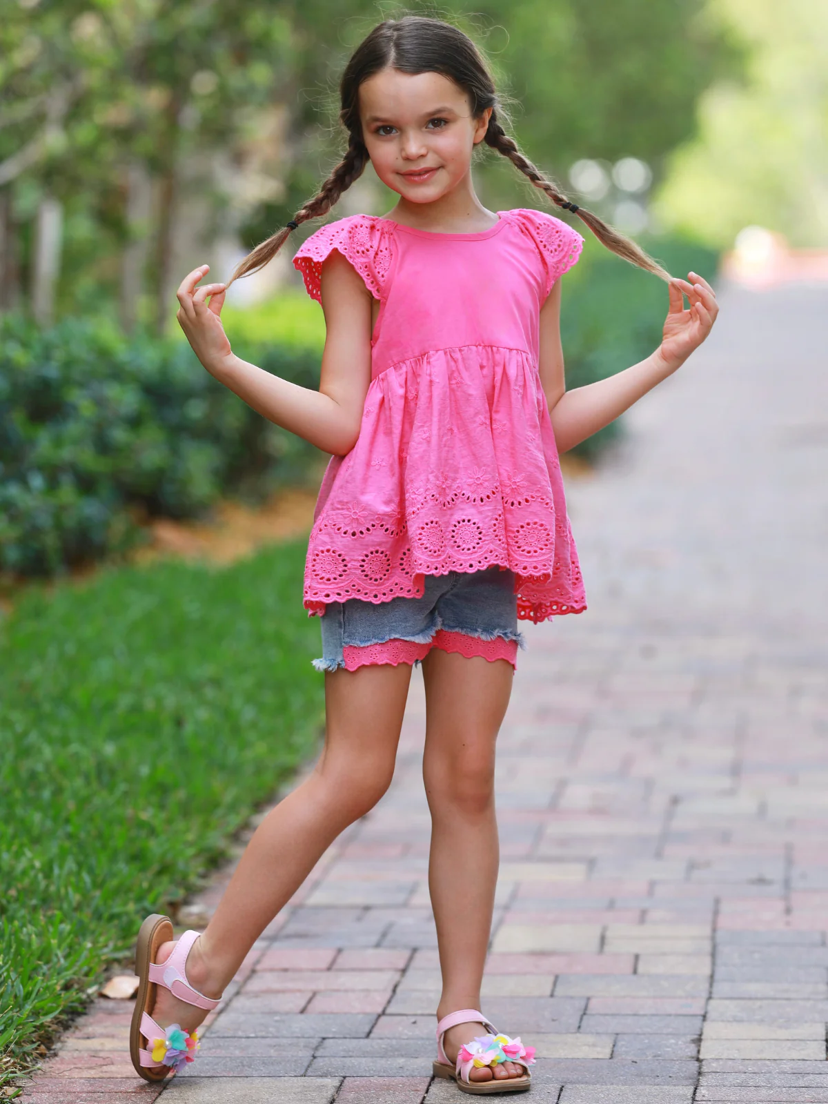 Sweet Pink Eyelet Top and Denim Short Set - Image 6