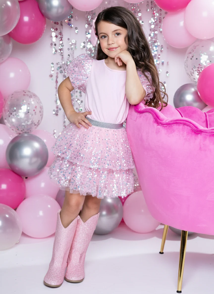 Sweet Shine Pink Top & Sequin Skirt Set - Image 6