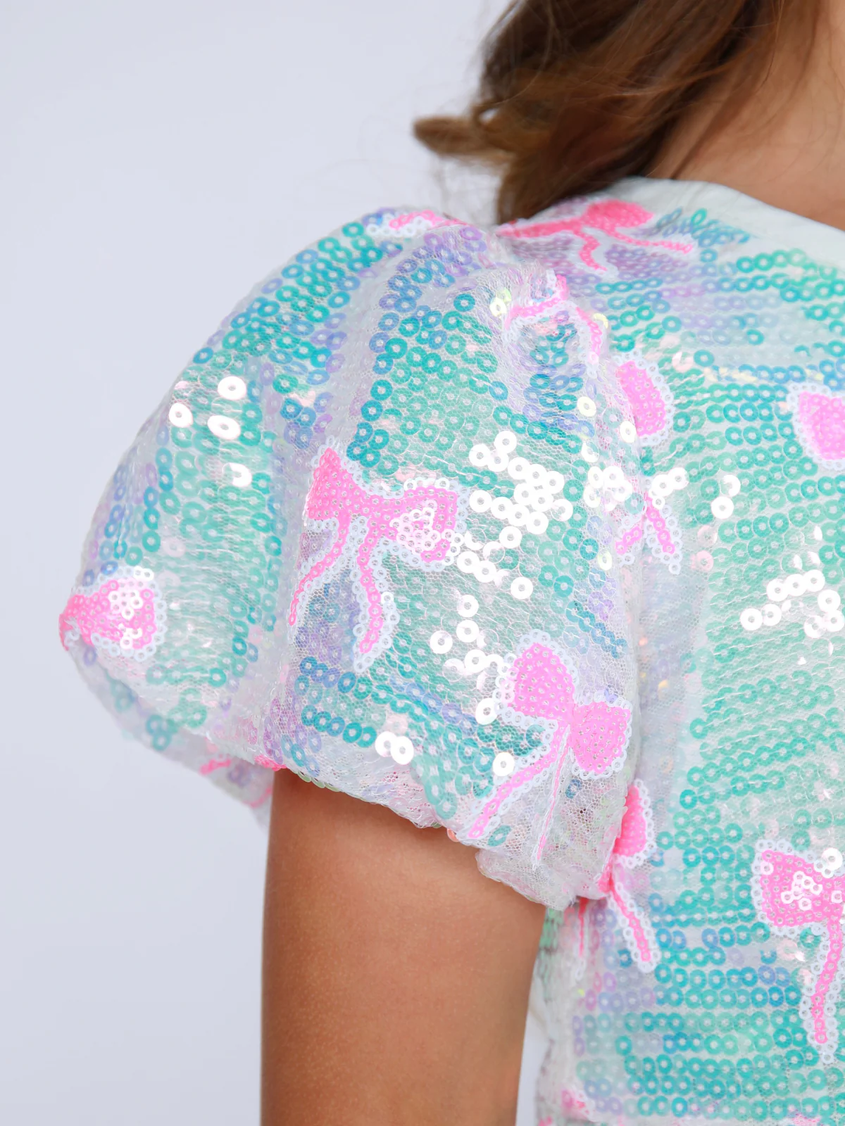 Sweet Sparkle Pink Bow Sequin Puff Sleeve Dress - Image 2