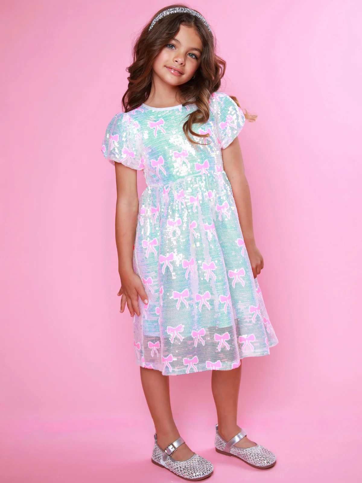 Sweet Sparkle Pink Bow Sequin Puff Sleeve Dress - Image 4