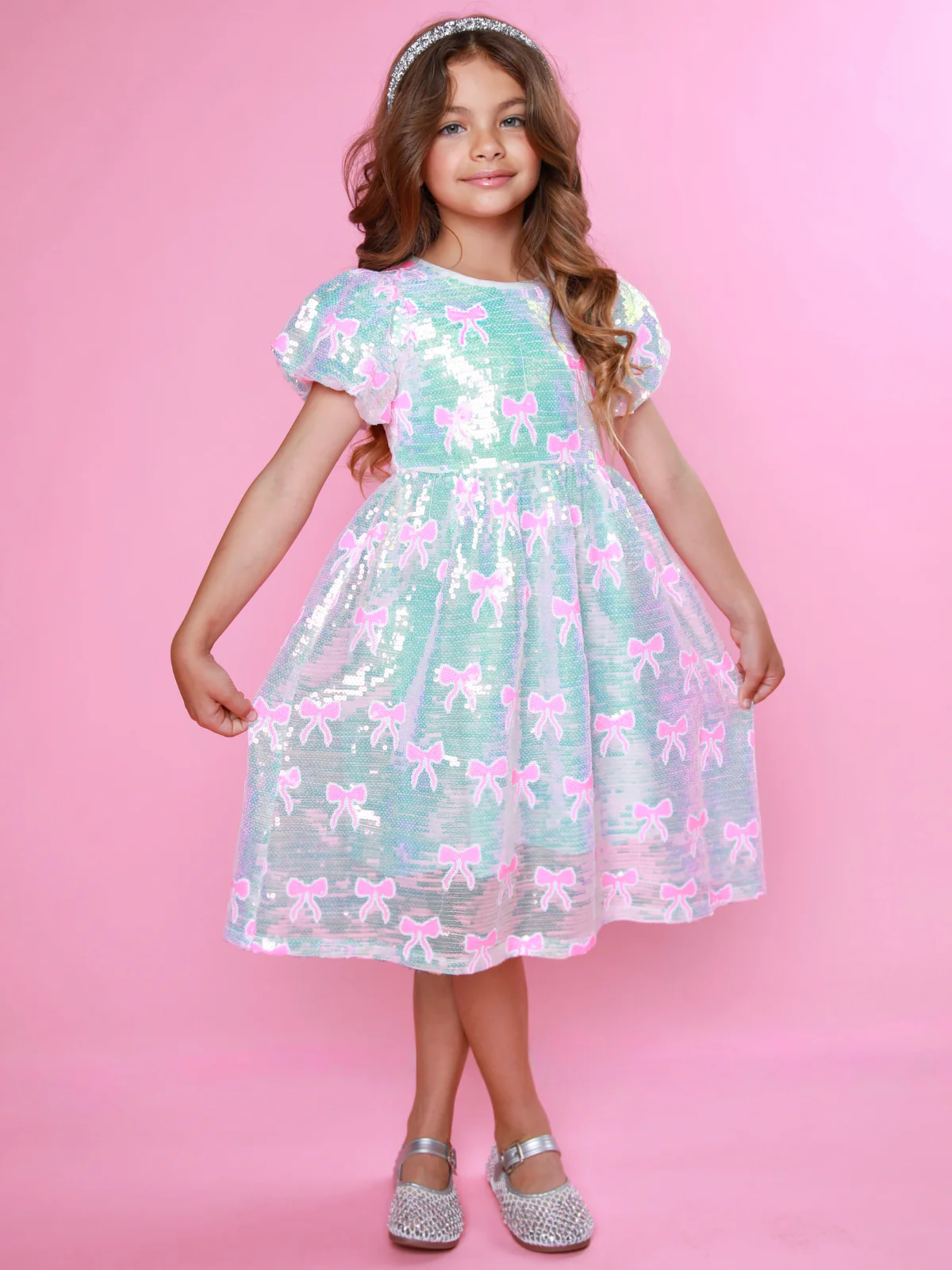 Sweet Sparkle Pink Bow Sequin Puff Sleeve Dress - Image 5