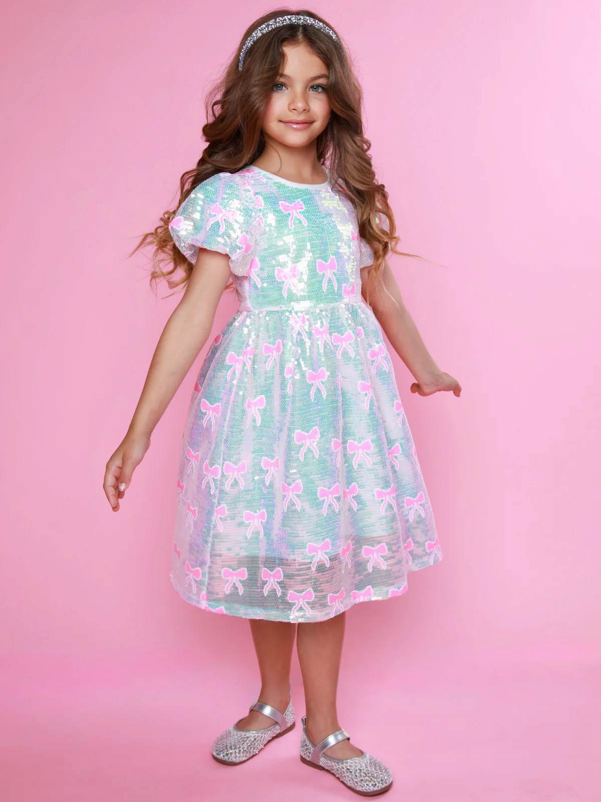 Sweet Sparkle Pink Bow Sequin Puff Sleeve Dress - Image 6