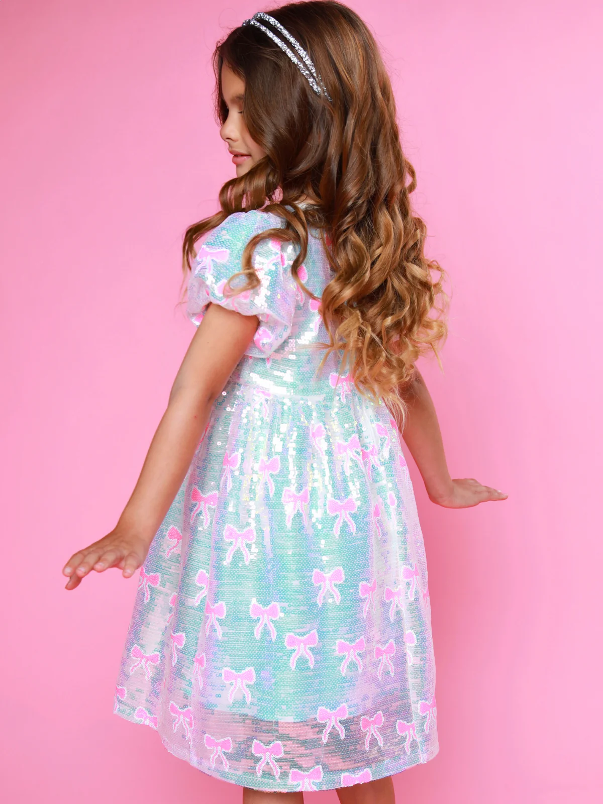 Sweet Sparkle Pink Bow Sequin Puff Sleeve Dress - Image 7