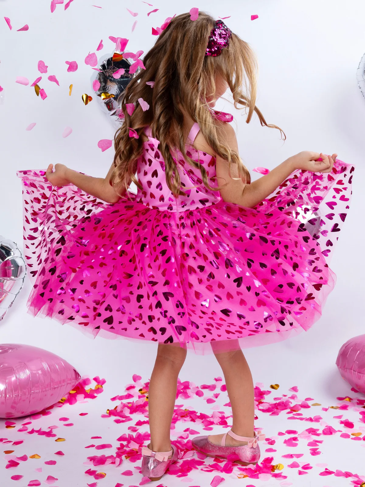 Sweet Sparkle Pink Foil Heart Tulle Dress - Image 3