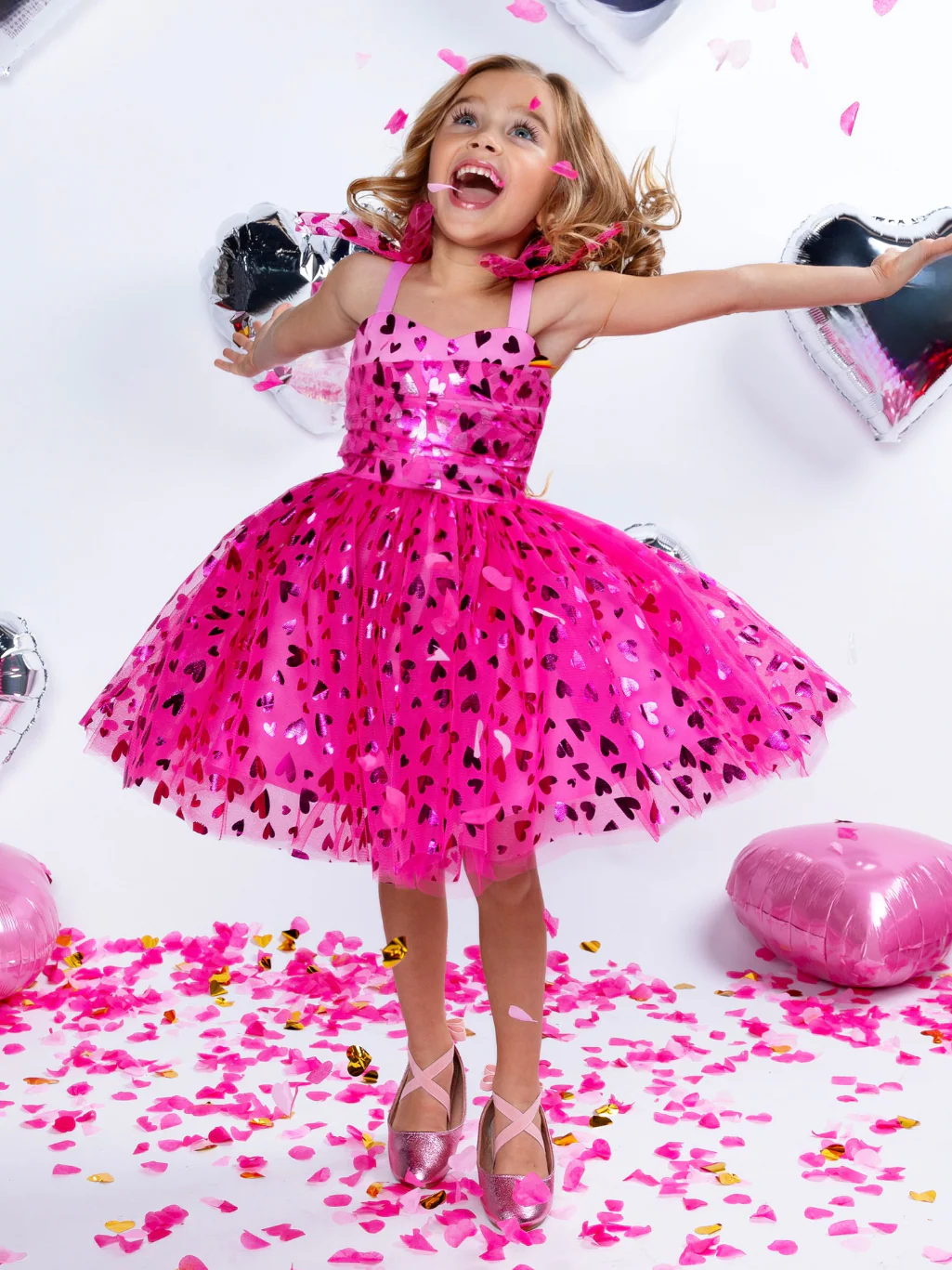 Sweet Sparkle Pink Foil Heart Tulle Dress - Image 9