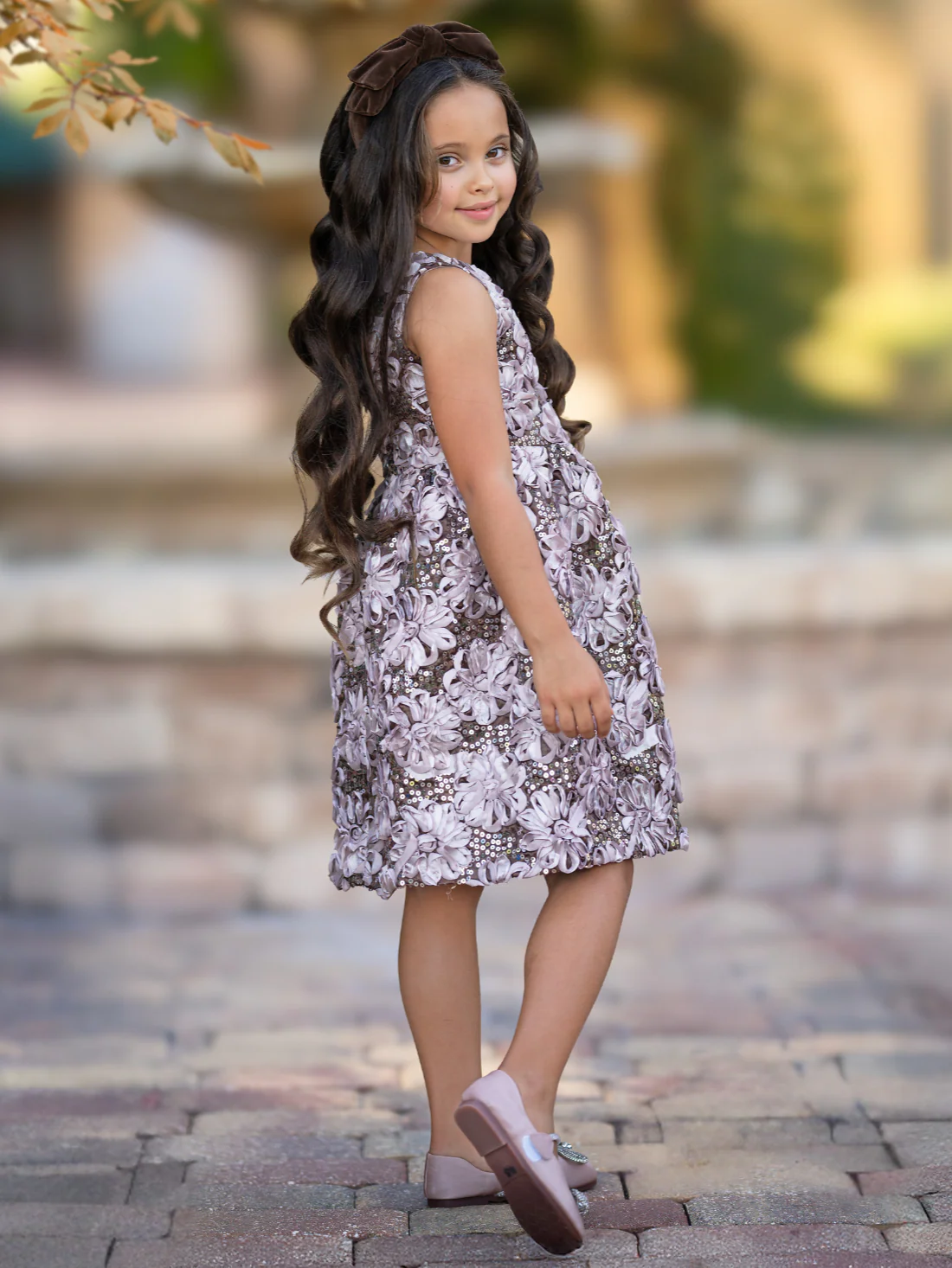 Taupe Bloom Sequin Flower Party Dress - Image 2
