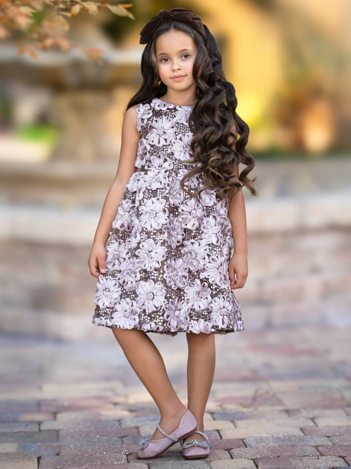 Taupe Bloom Sequin Flower Party Dress - Image 3