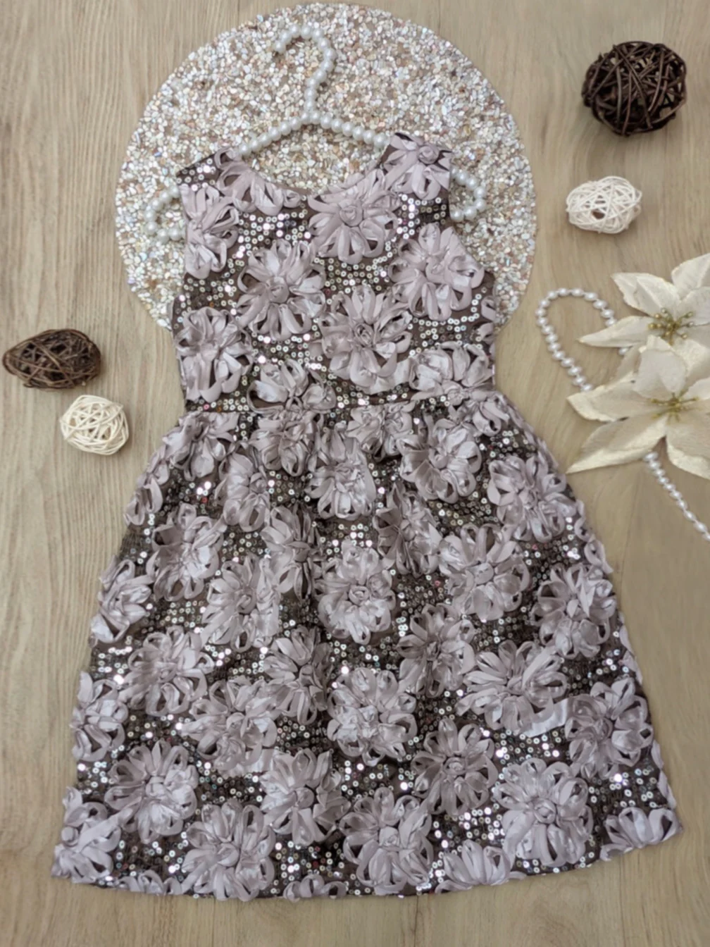 Taupe Bloom Sequin Flower Party Dress - Image 4