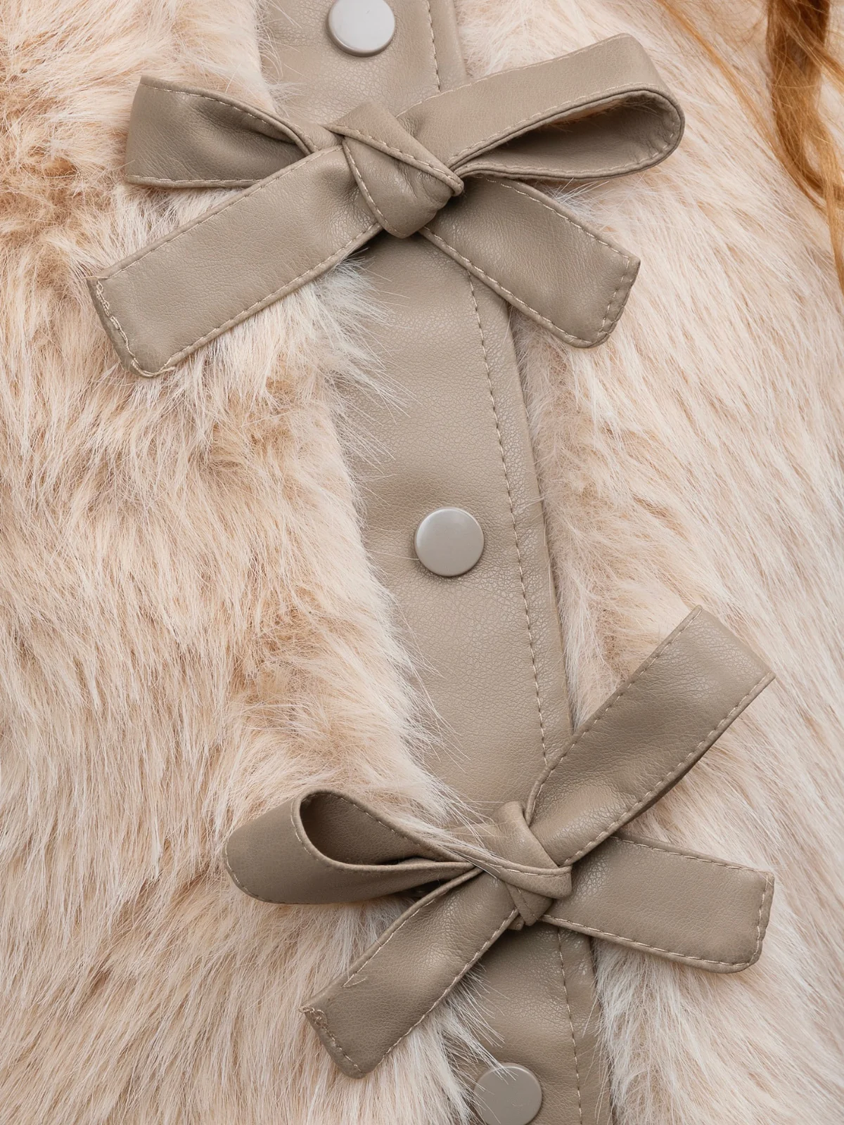 Taupe Faux Fur Bow Vest and Brown Pleated Skirt Set - Image 2