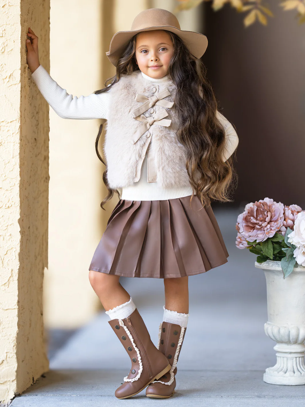 Taupe Faux Fur Bow Vest and Brown Pleated Skirt Set - Image 3