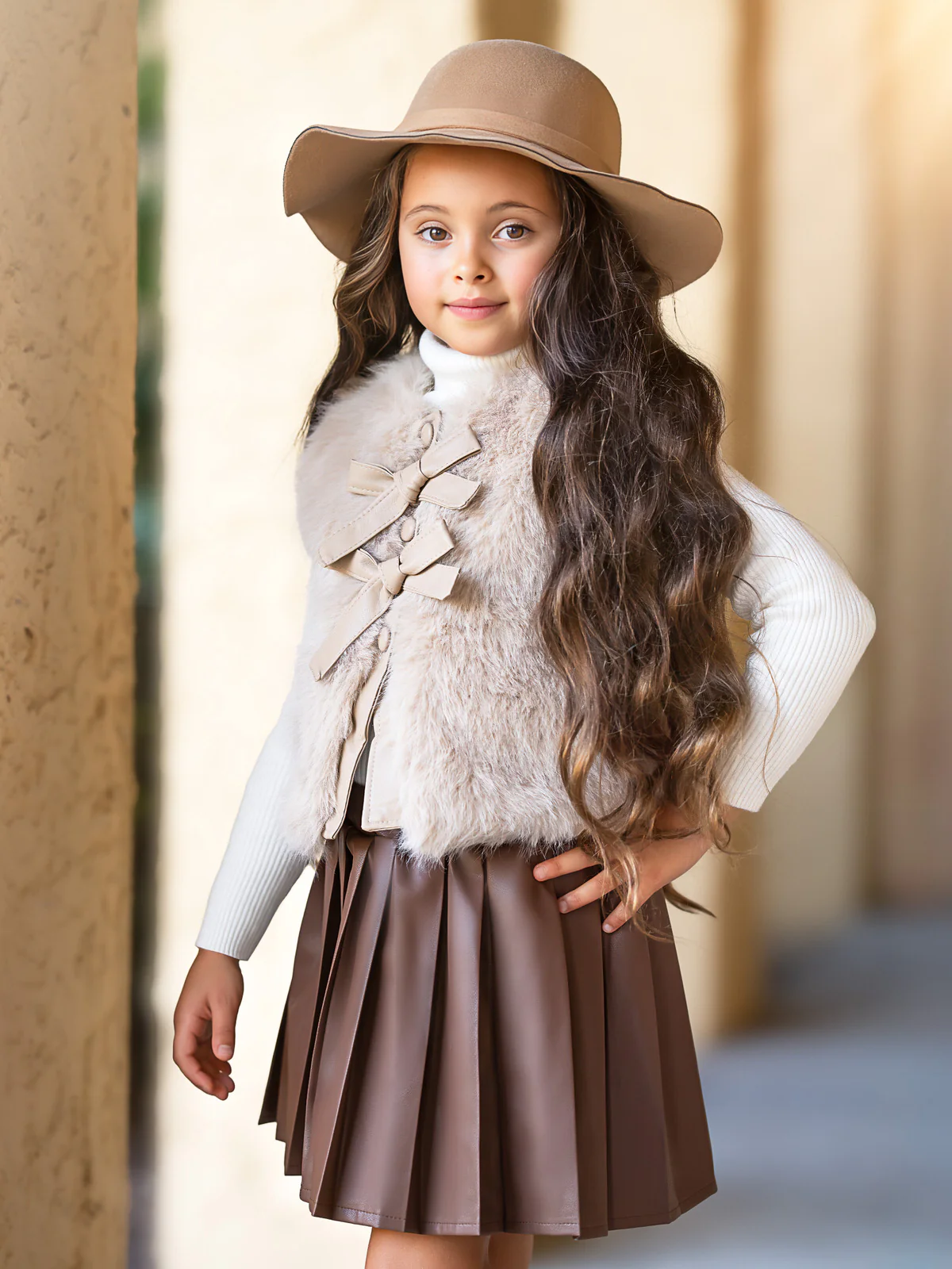 Taupe Faux Fur Bow Vest and Brown Pleated Skirt Set - Image 4