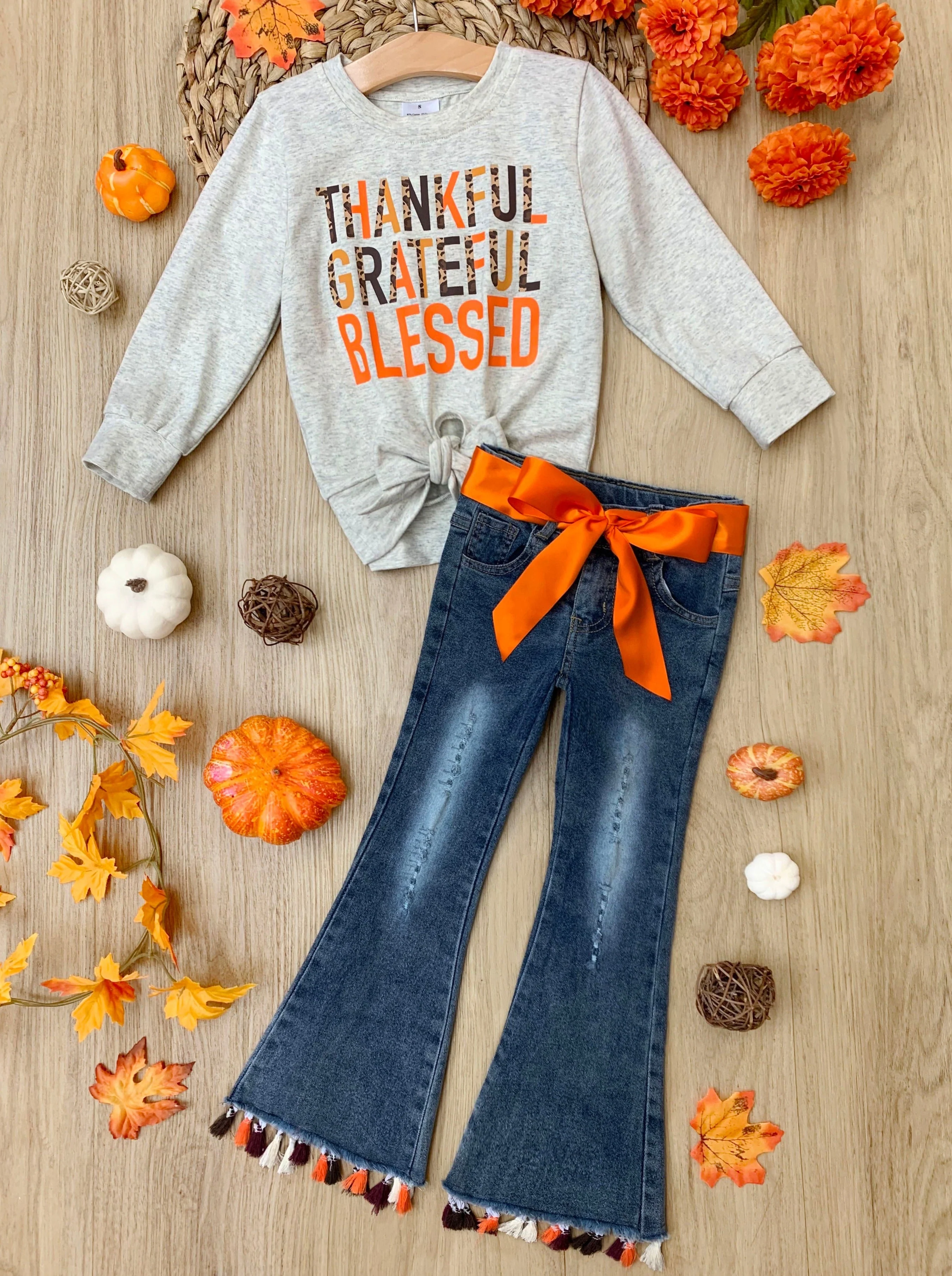 Thankful, Grateful, Blessed Tassel Bell Bottom Jeans Set - Image 3