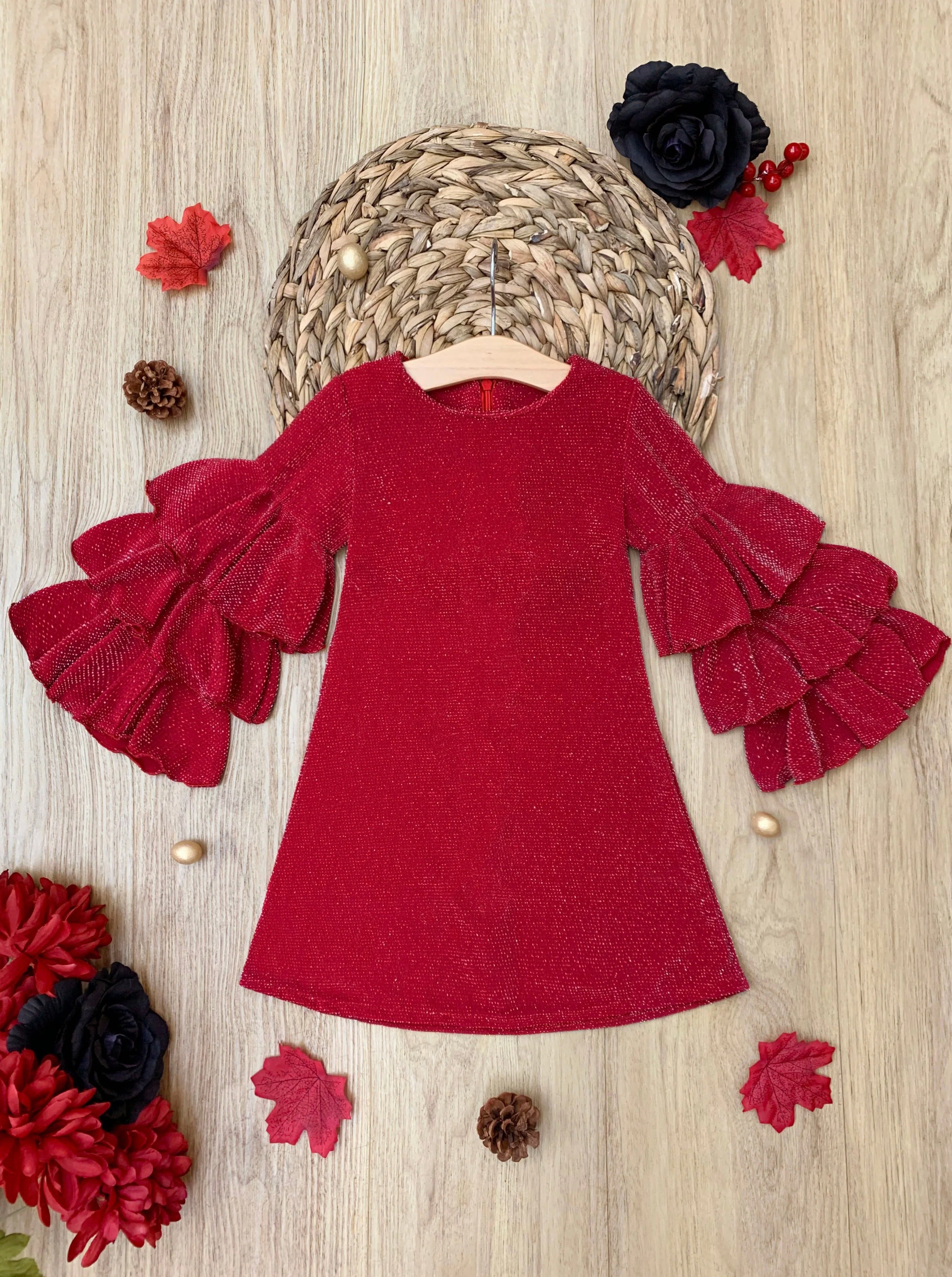 Glitter Glam Red Ruffle Sleeve Shift Dress - Image 3