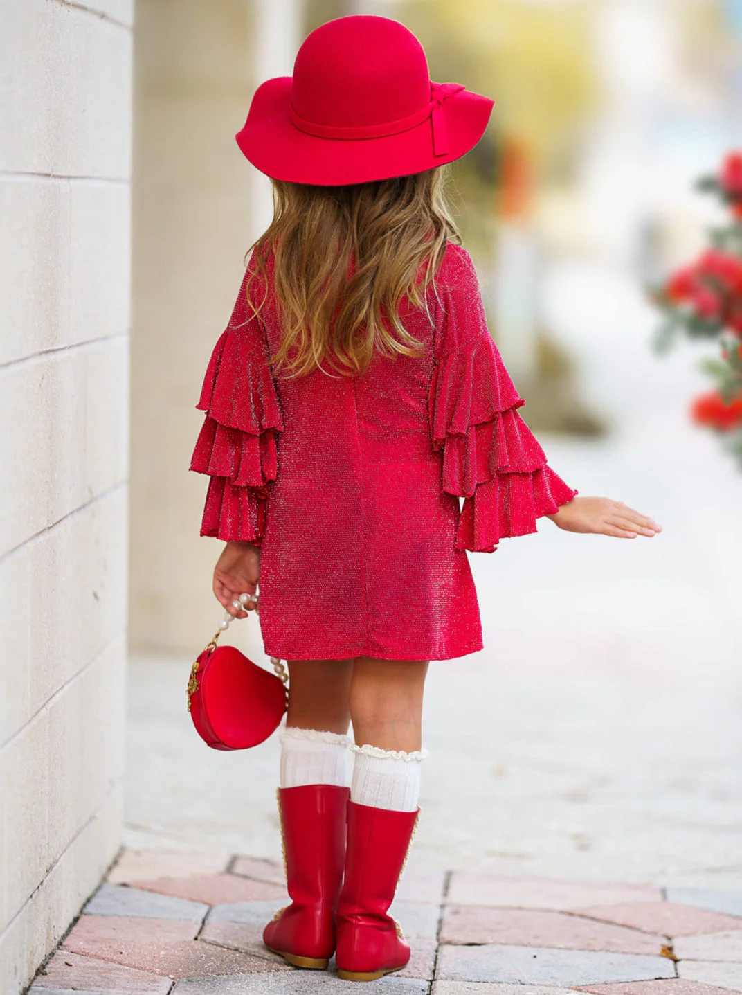 Glitter Glam Red Ruffle Sleeve Shift Dress - Image 4
