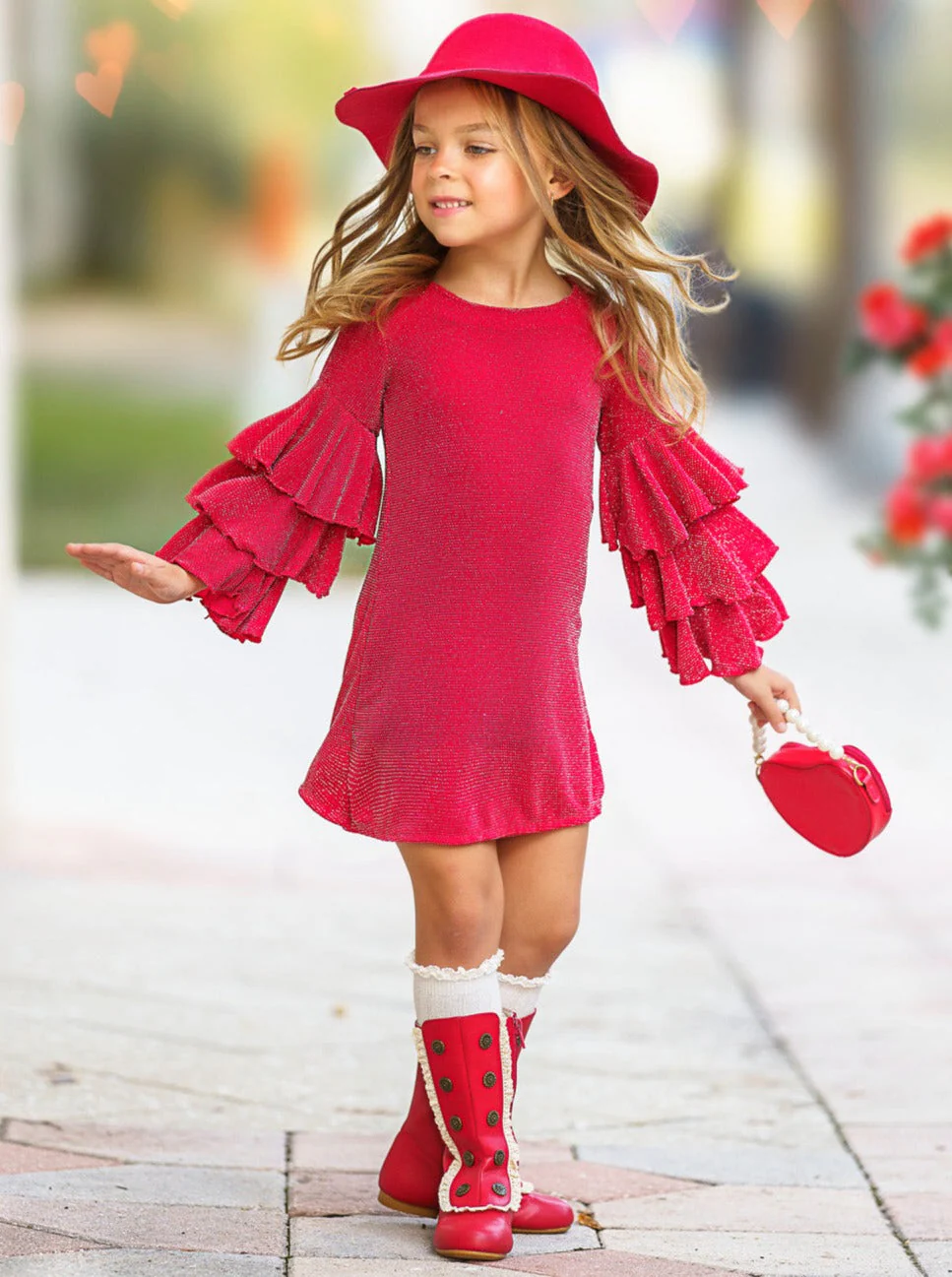 Glitter Glam Red Ruffle Sleeve Shift Dress - Image 6