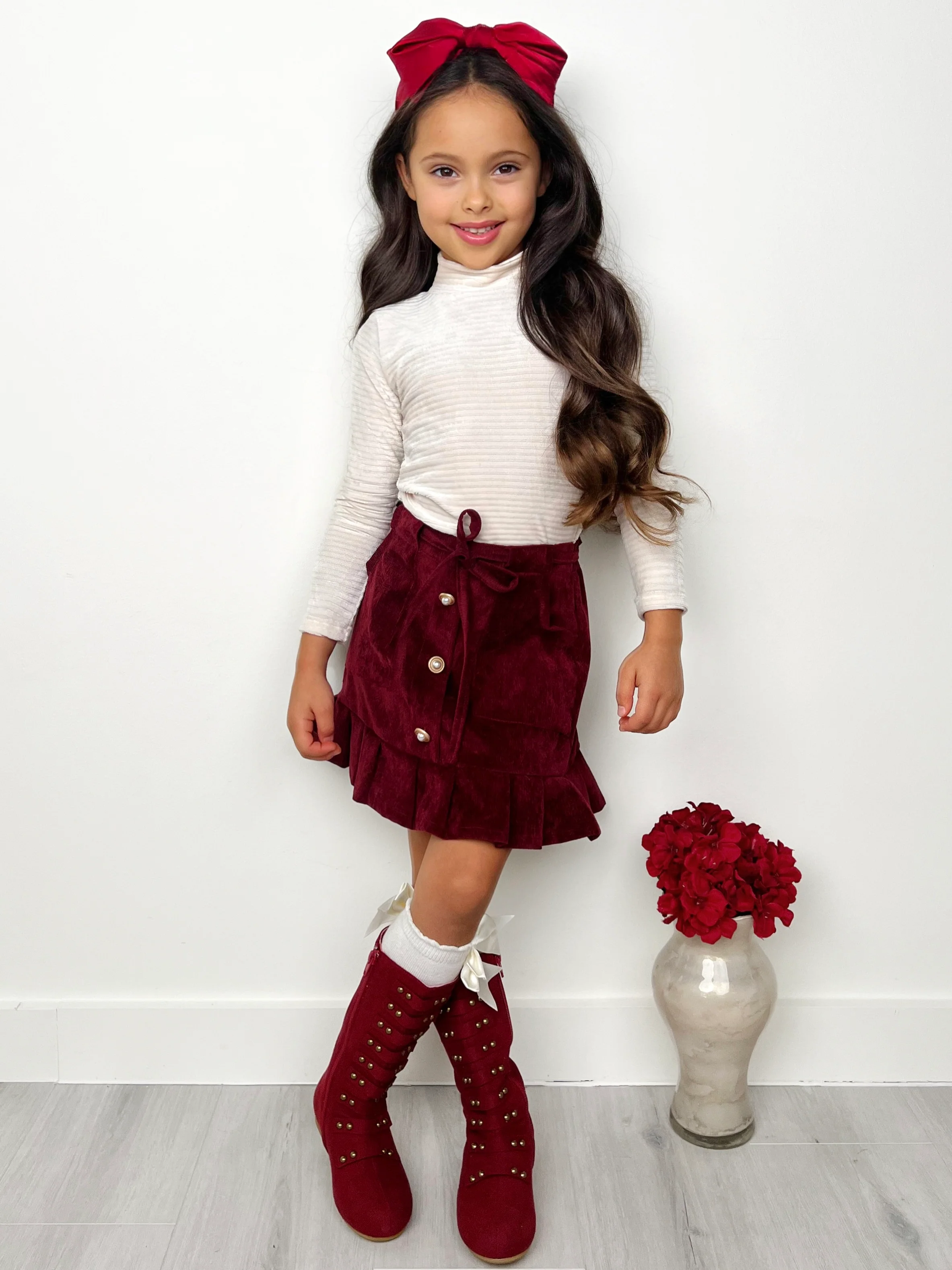 White Ribbed Turtleneck Top and Button Front Skirt Set - Image 2