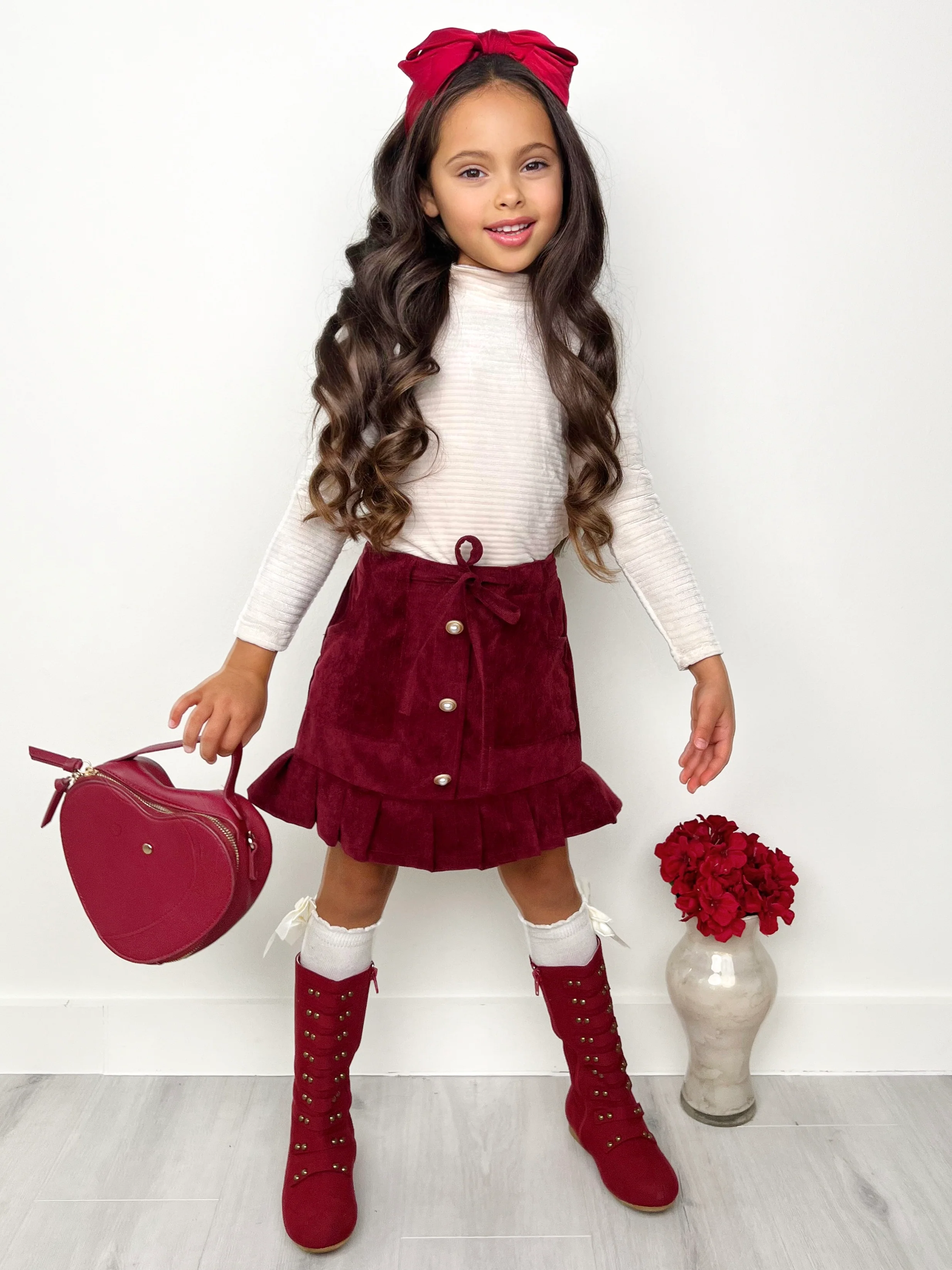 White Ribbed Turtleneck Top and Button Front Skirt Set - Image 3