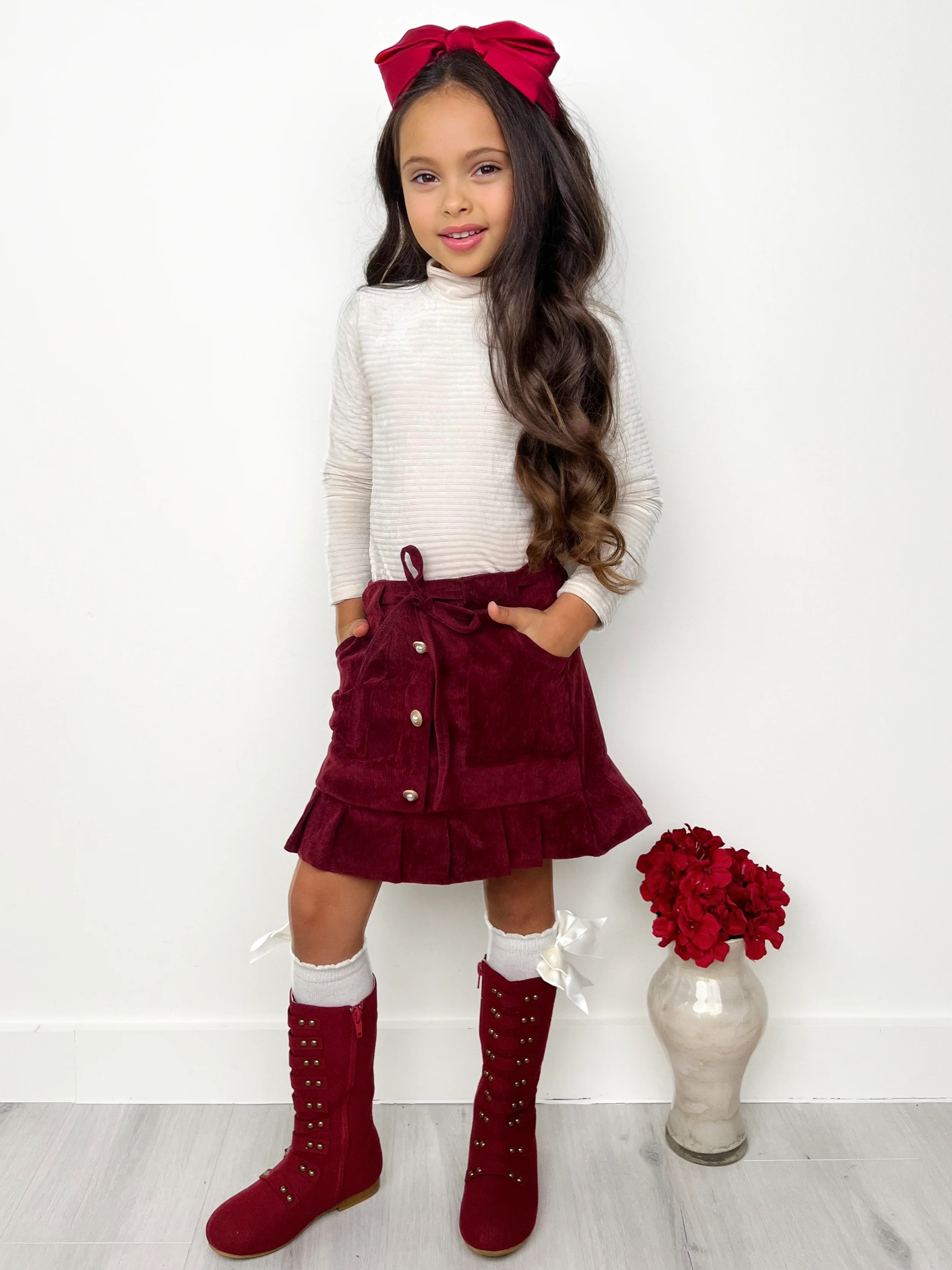 White Ribbed Turtleneck Top and Button Front Skirt Set - Image 5