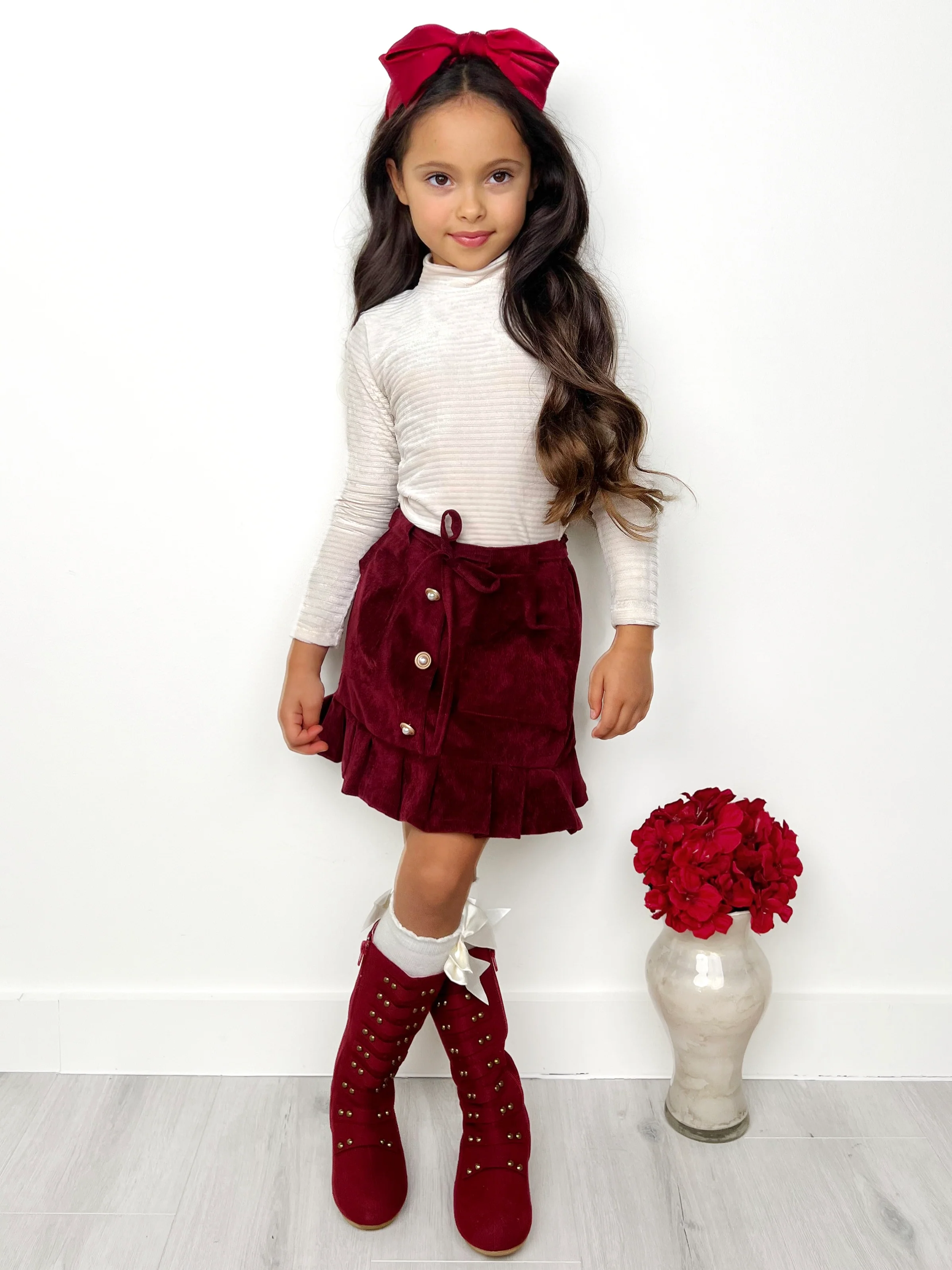 White Ribbed Turtleneck Top and Button Front Skirt Set - Image 6