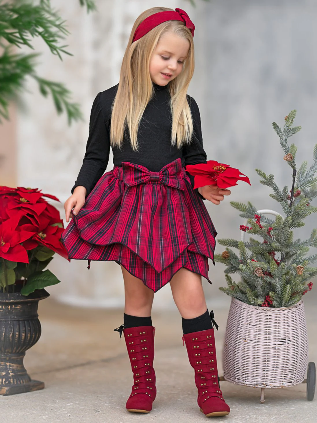Turtleneck Top and Plaid Handkerchief Skirt Set - Image 2
