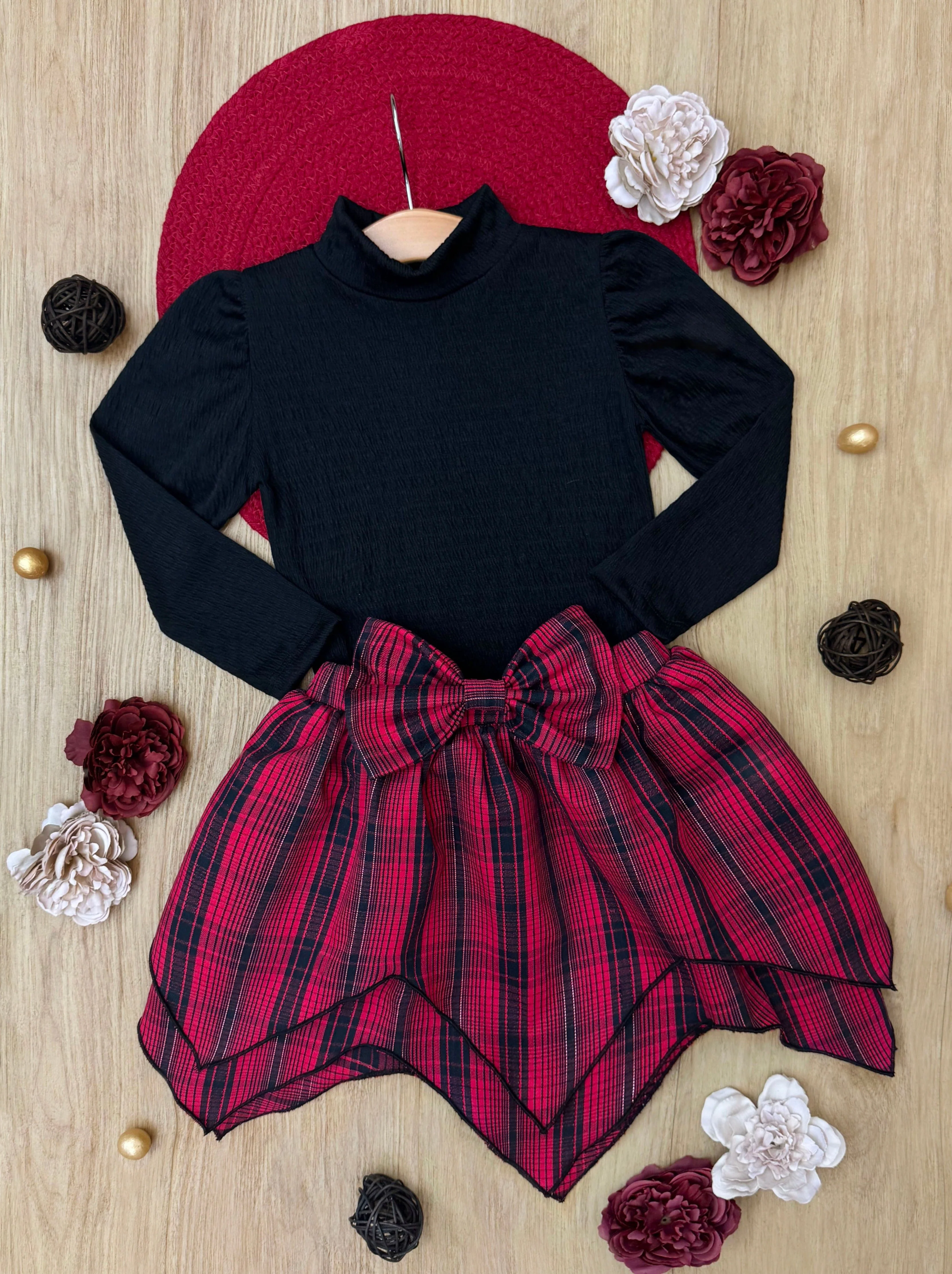 Turtleneck Top and Plaid Handkerchief Skirt Set - Image 4