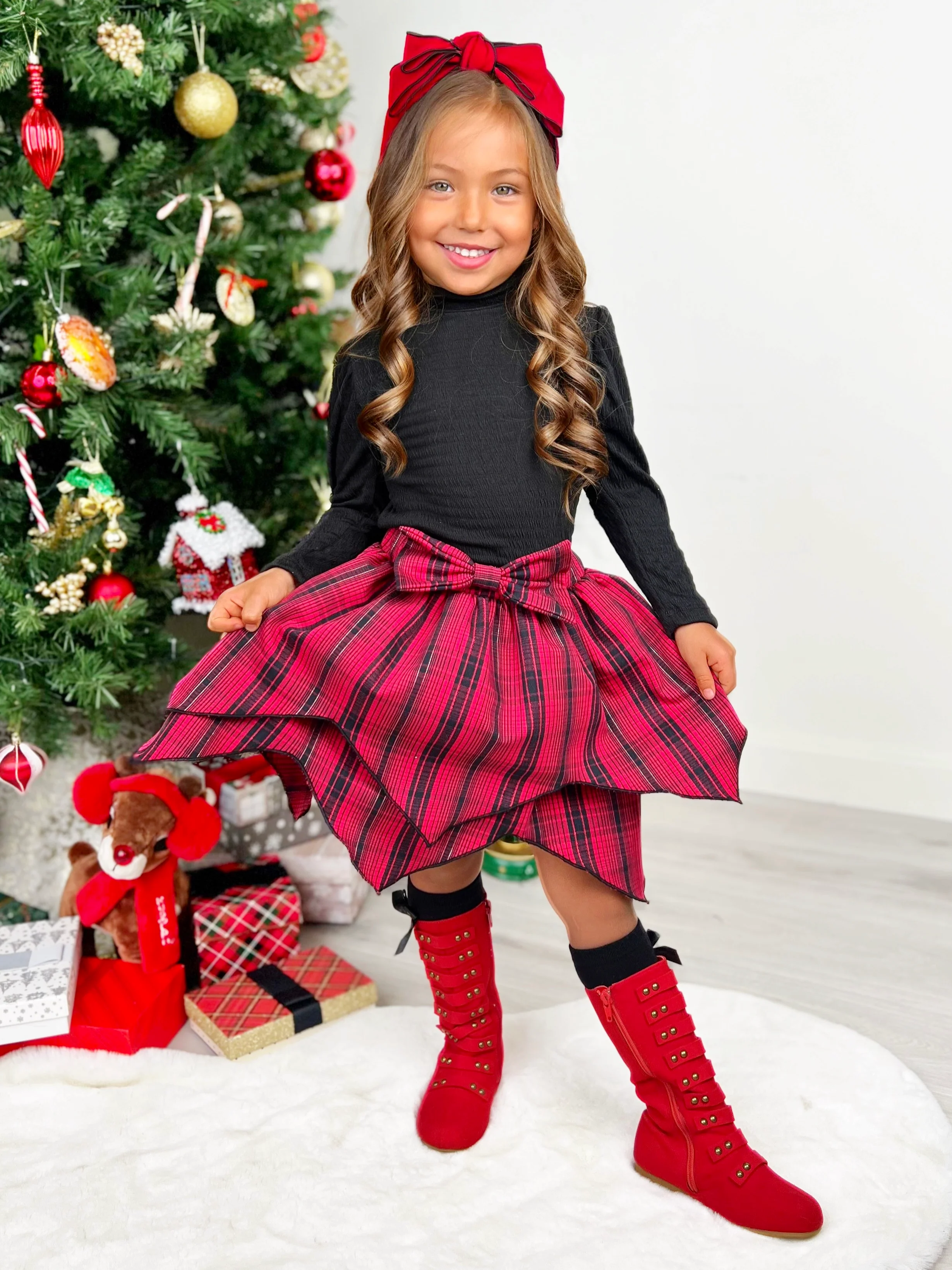 Turtleneck Top and Plaid Handkerchief Skirt Set - Image 6