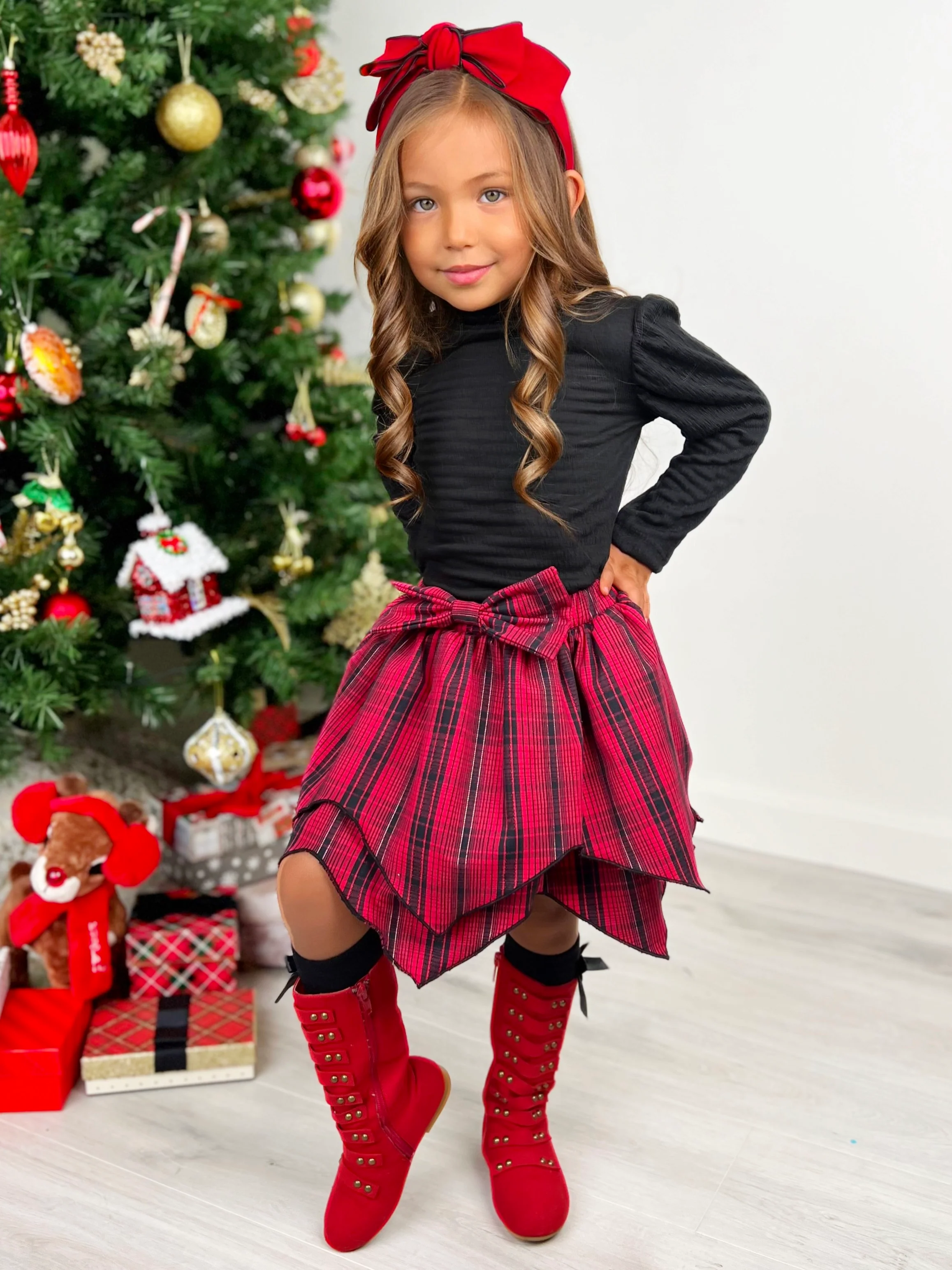 Turtleneck Top and Plaid Handkerchief Skirt Set - Image 7