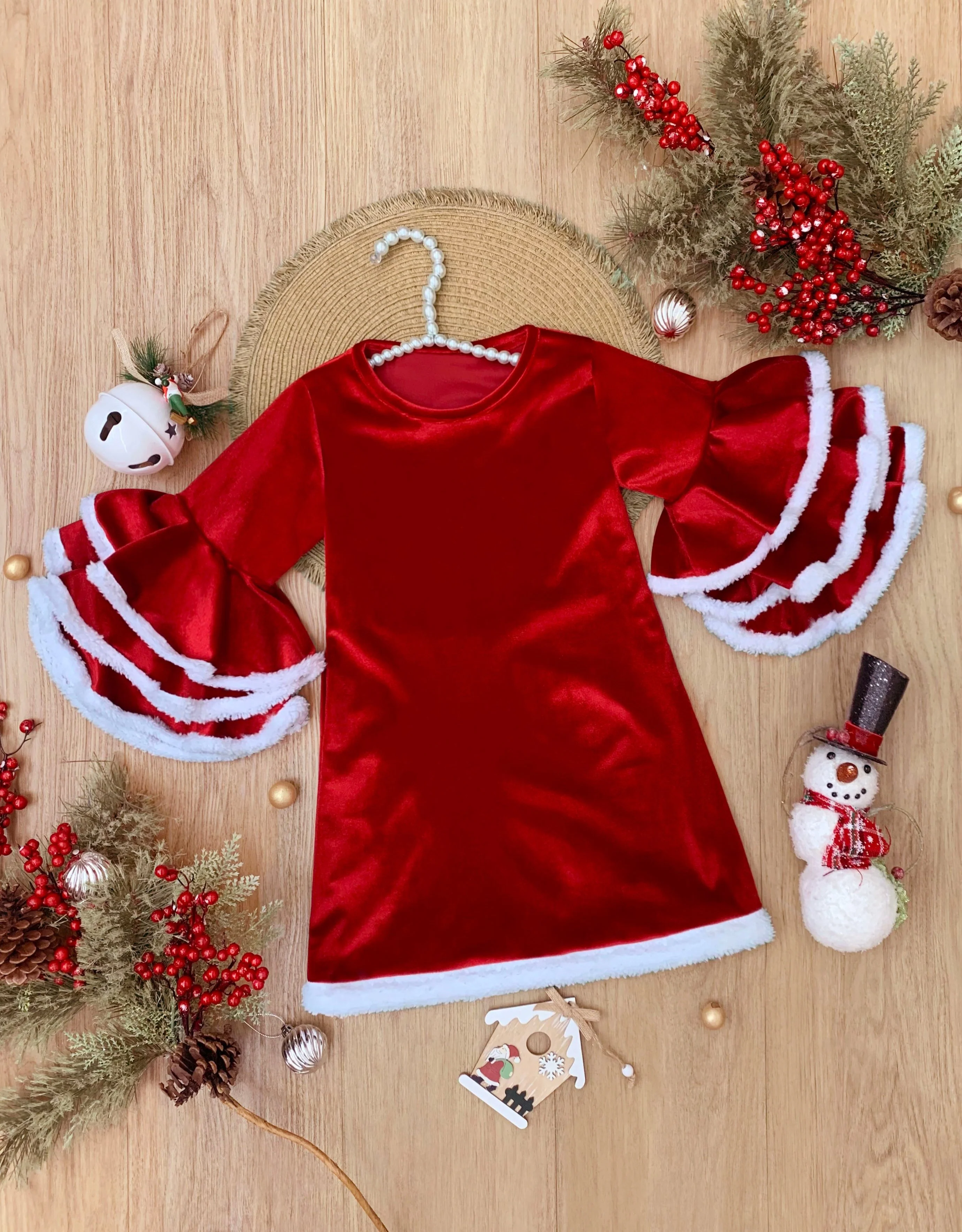 Velvet Santa Bell Sleeve with Faux Fur Dress - Image 4