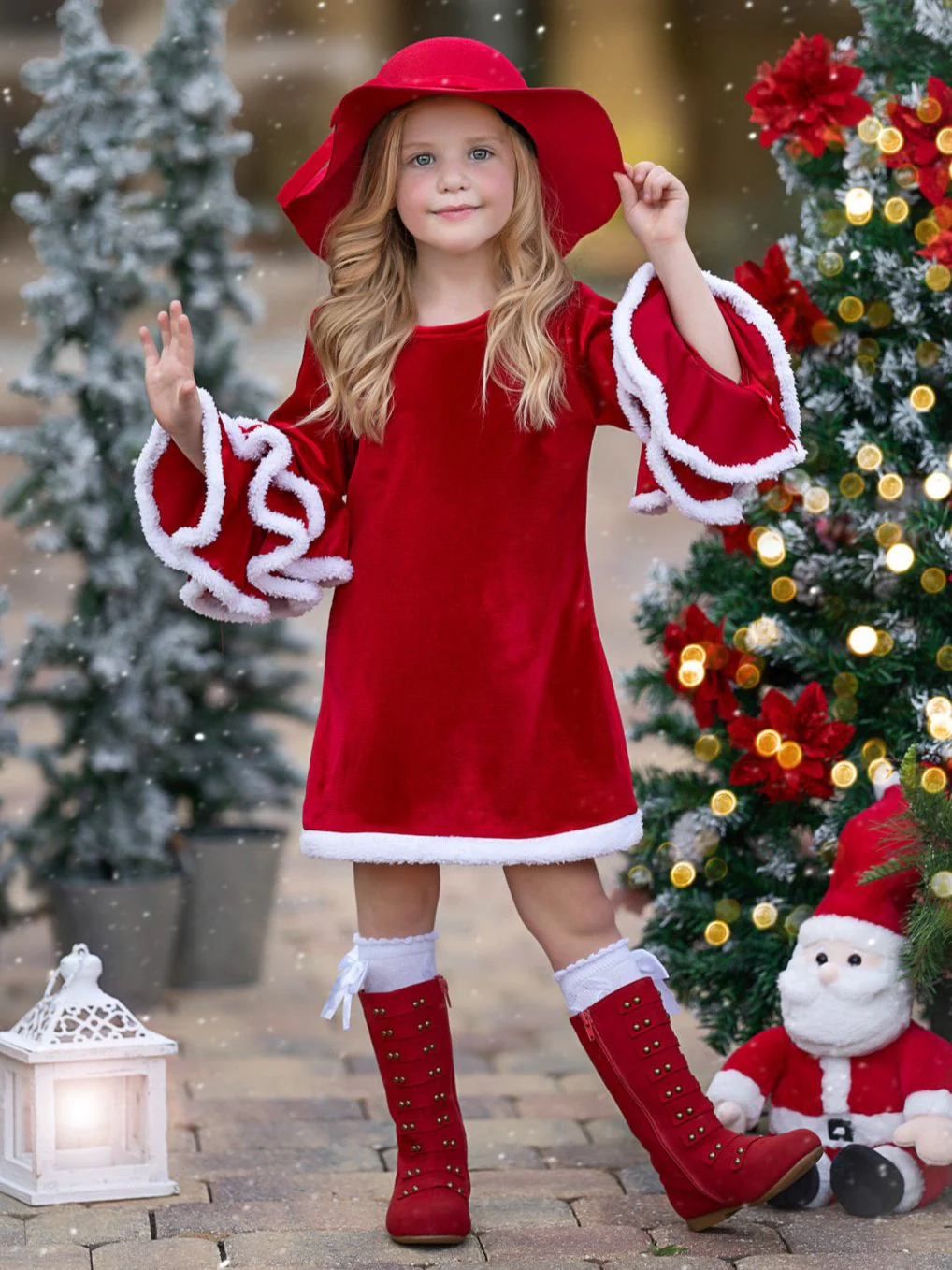 Velvet Santa Bell Sleeve with Faux Fur Dress - Image 5