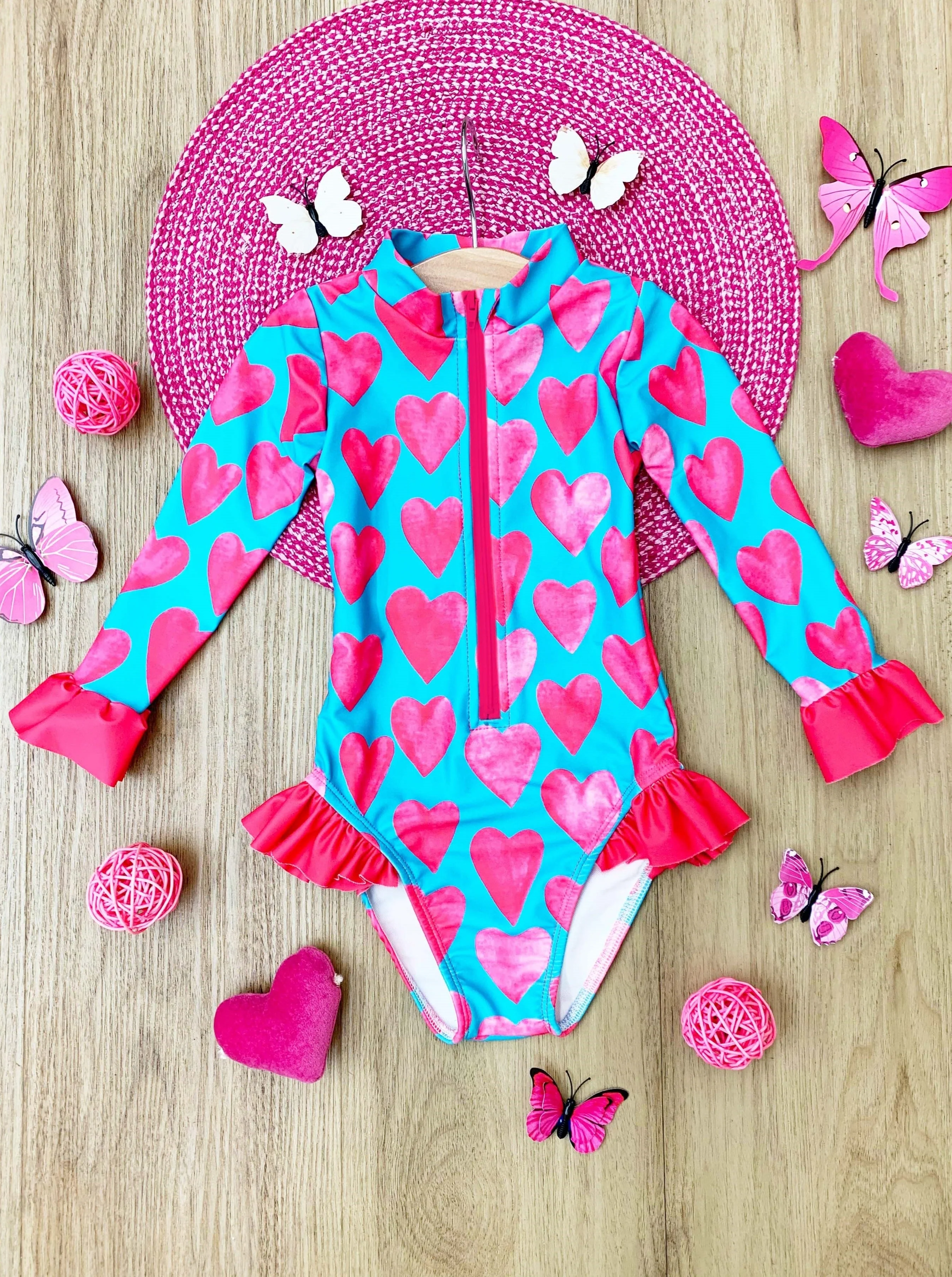 Watercolor Hearts Rash Guard One Piece Swimsuit - Image 2