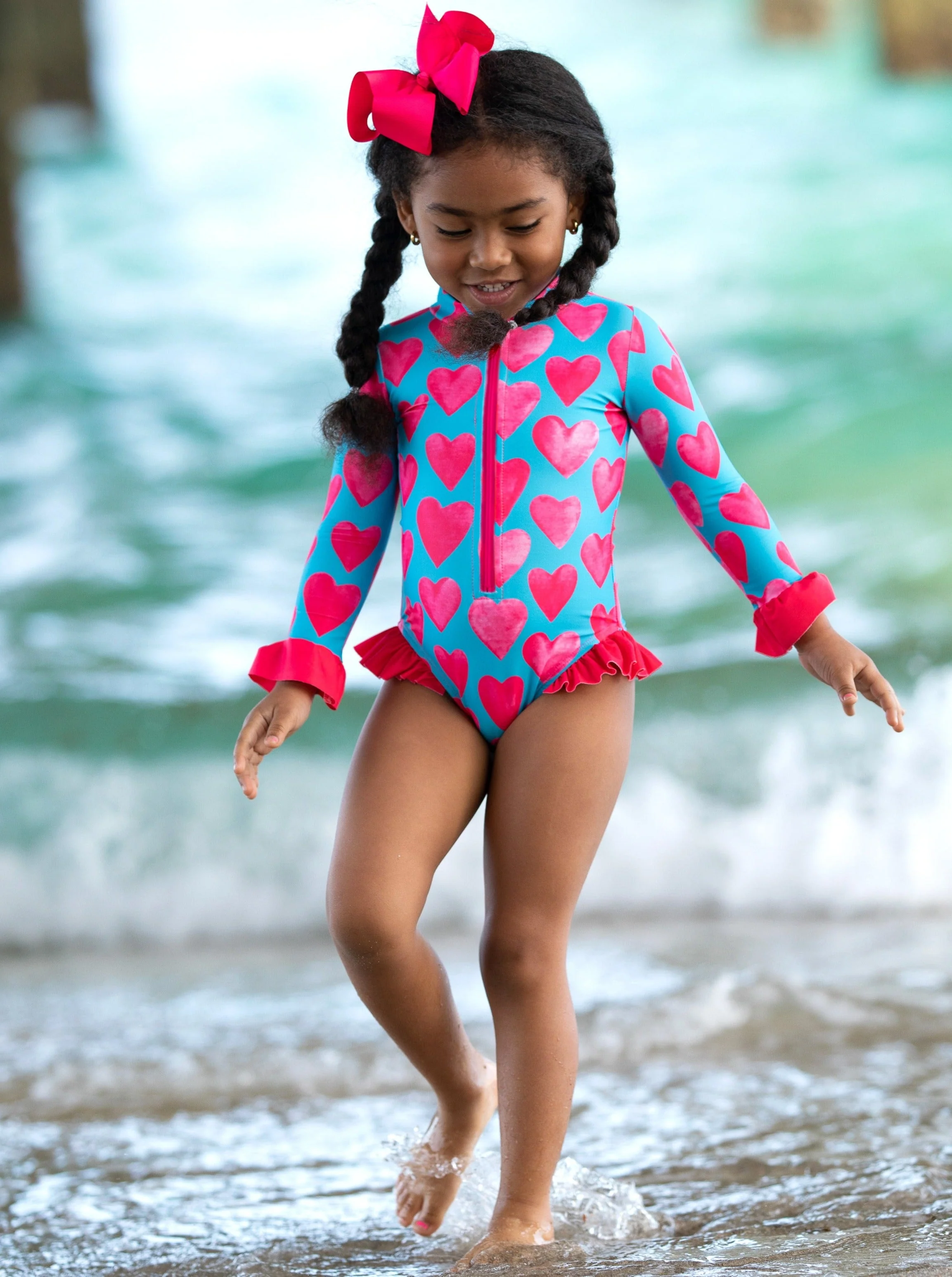 Watercolor Hearts Rash Guard One Piece Swimsuit - Image 3