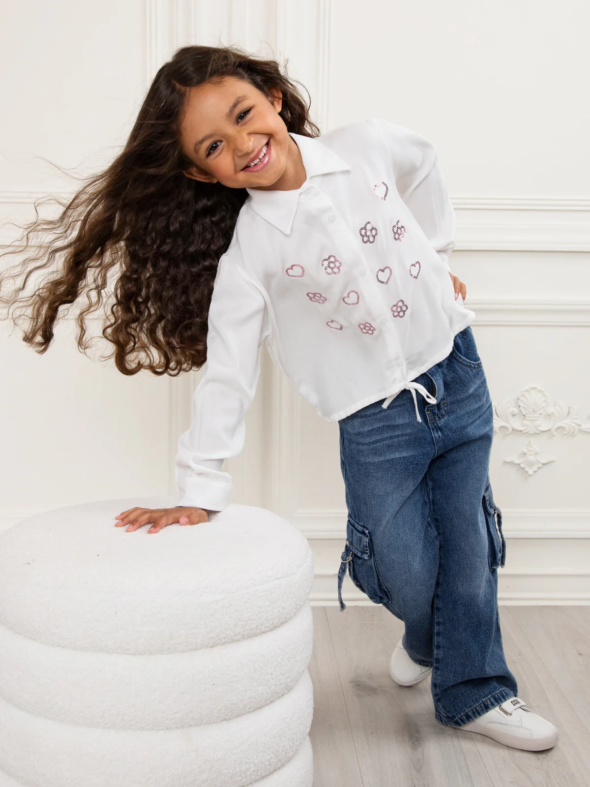 White Sequined Luxe Relaxed Fit Button-Up Top - Image 2
